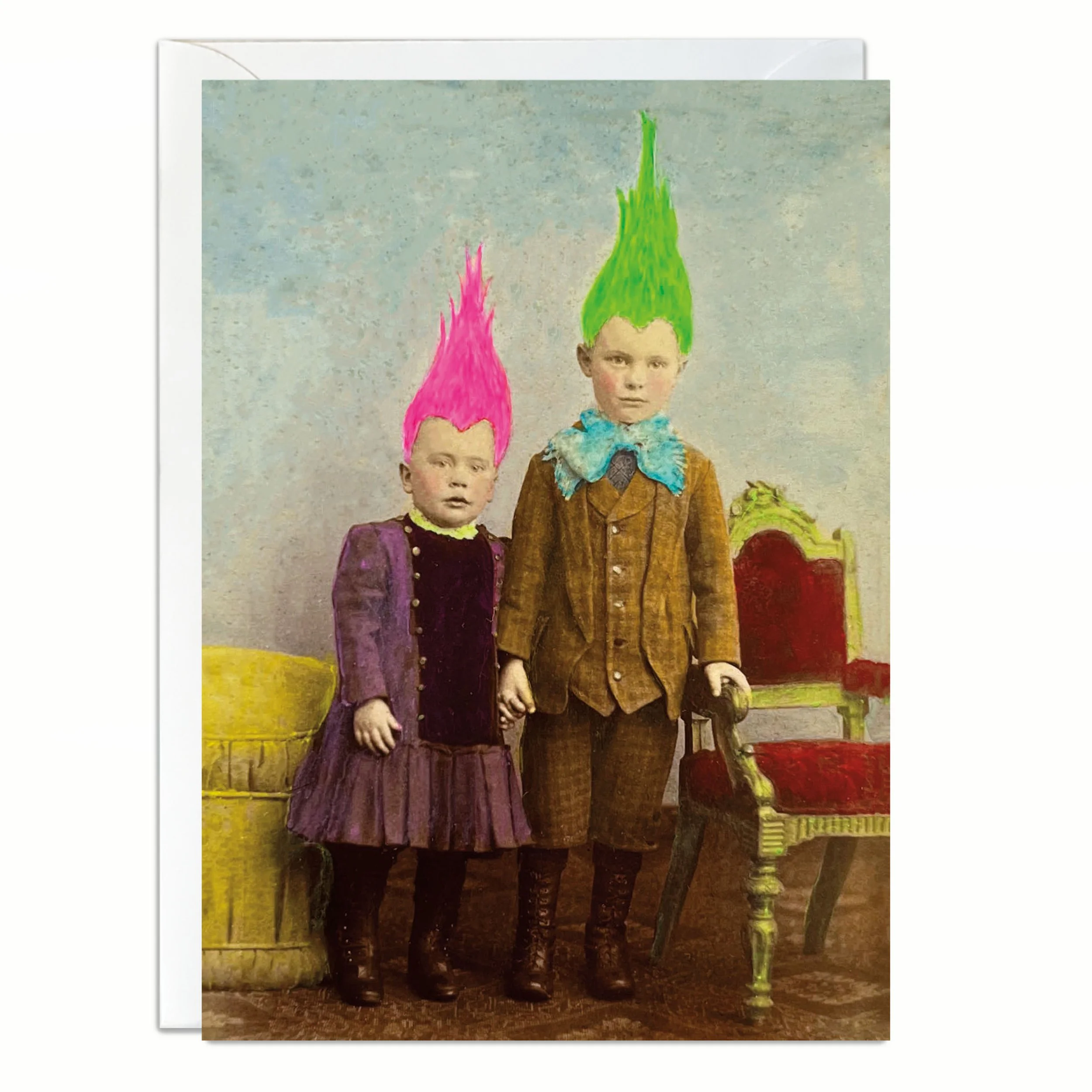 Altered Victorian photo art print notecard featuring troll-haired kids, one with neon pink hair and one with neon green hair