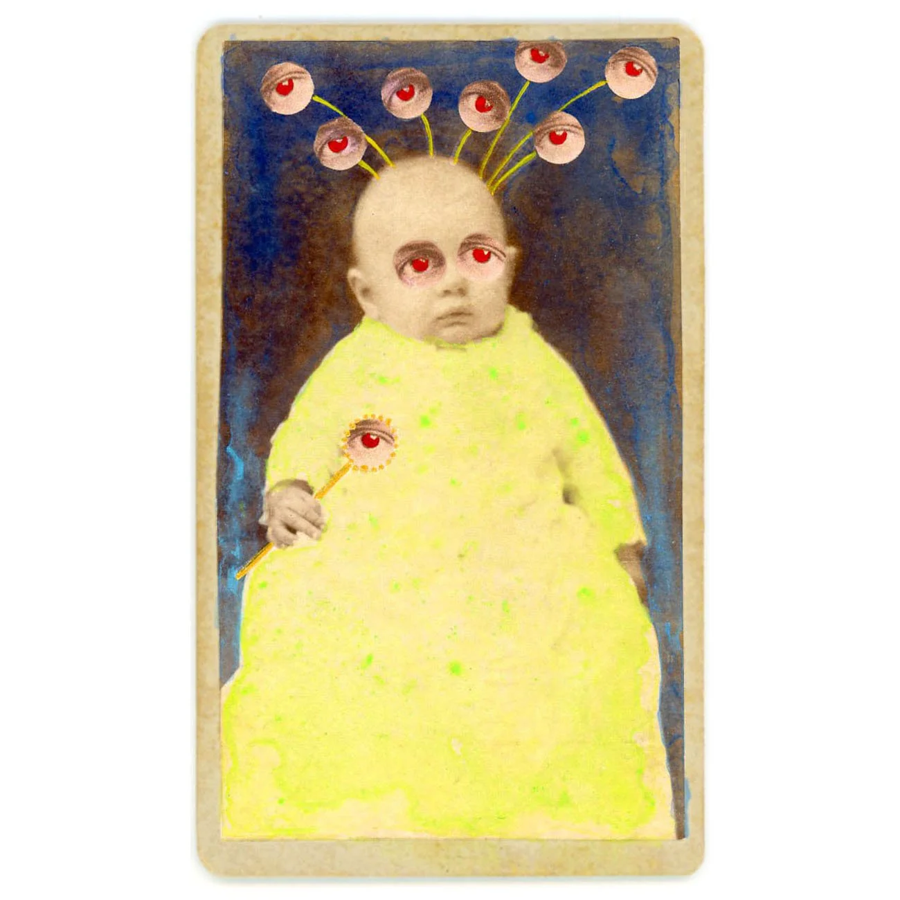 Altered Victorian photo of a baby with eyes too big for its head, 9 matching eyeball antennae, and holding an eyeball scepter