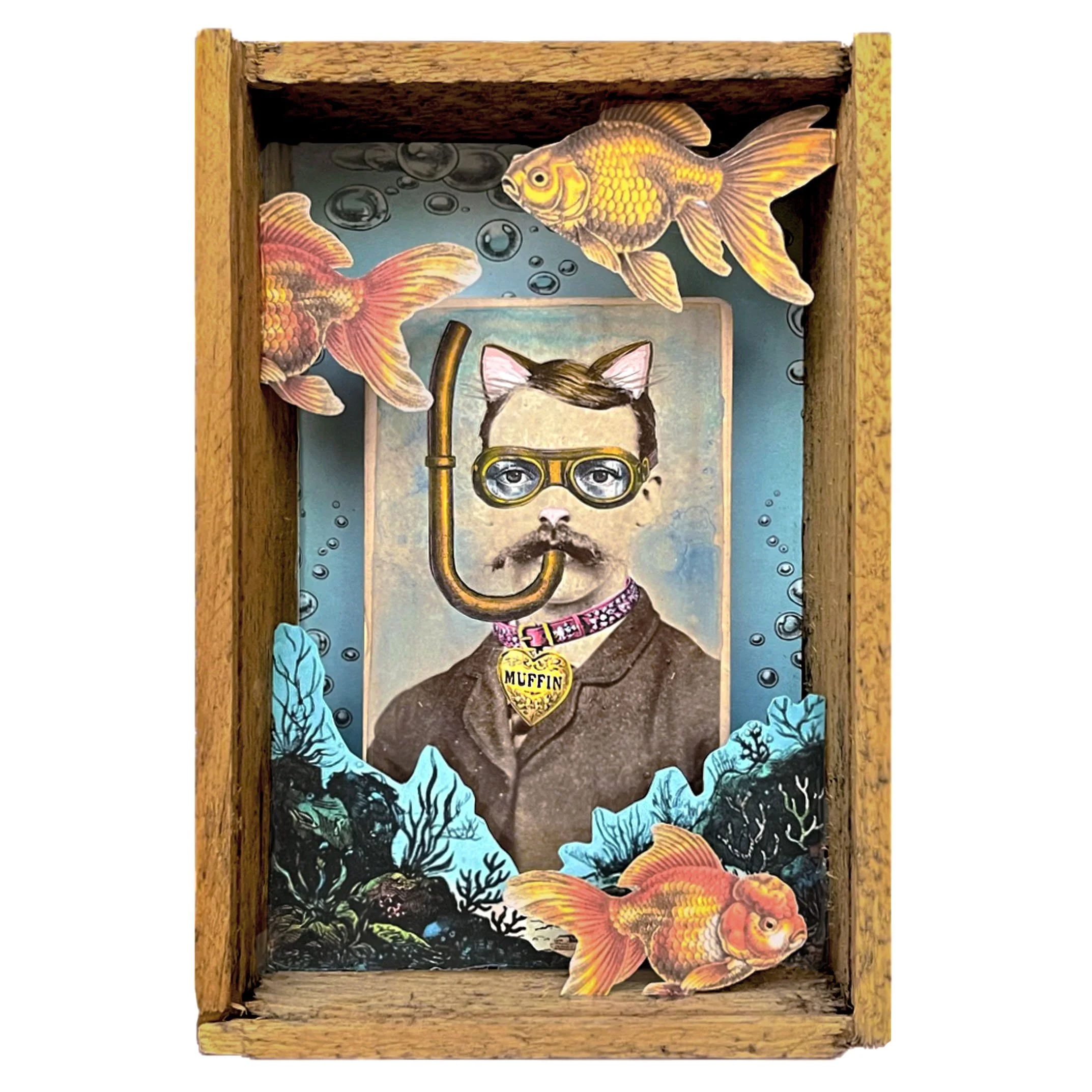 3D collage shadowbox featuring an altered Victorian photo of a cat man wearing goggles and snorkel swimming among goldfish