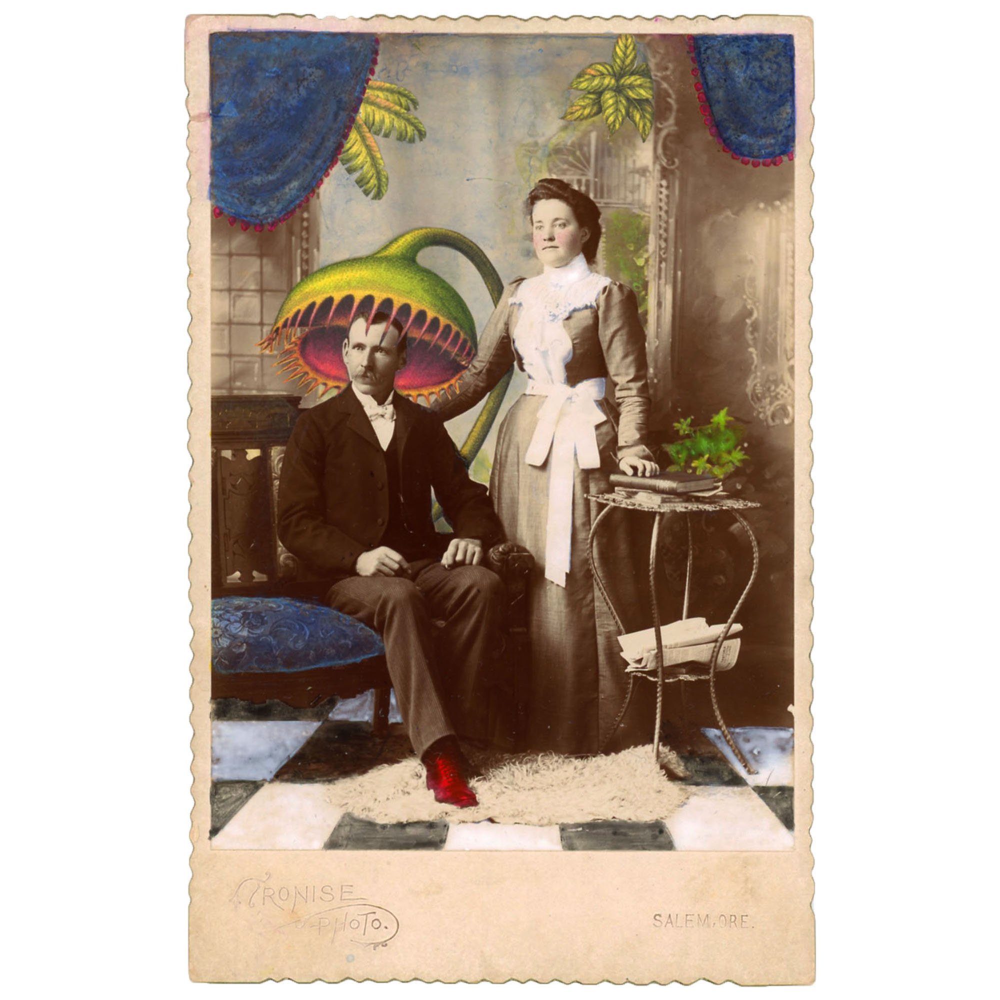 Altered Victorian photo of a young couple, the husband about to be eaten by a carnivorous plant and the wife happy about it.