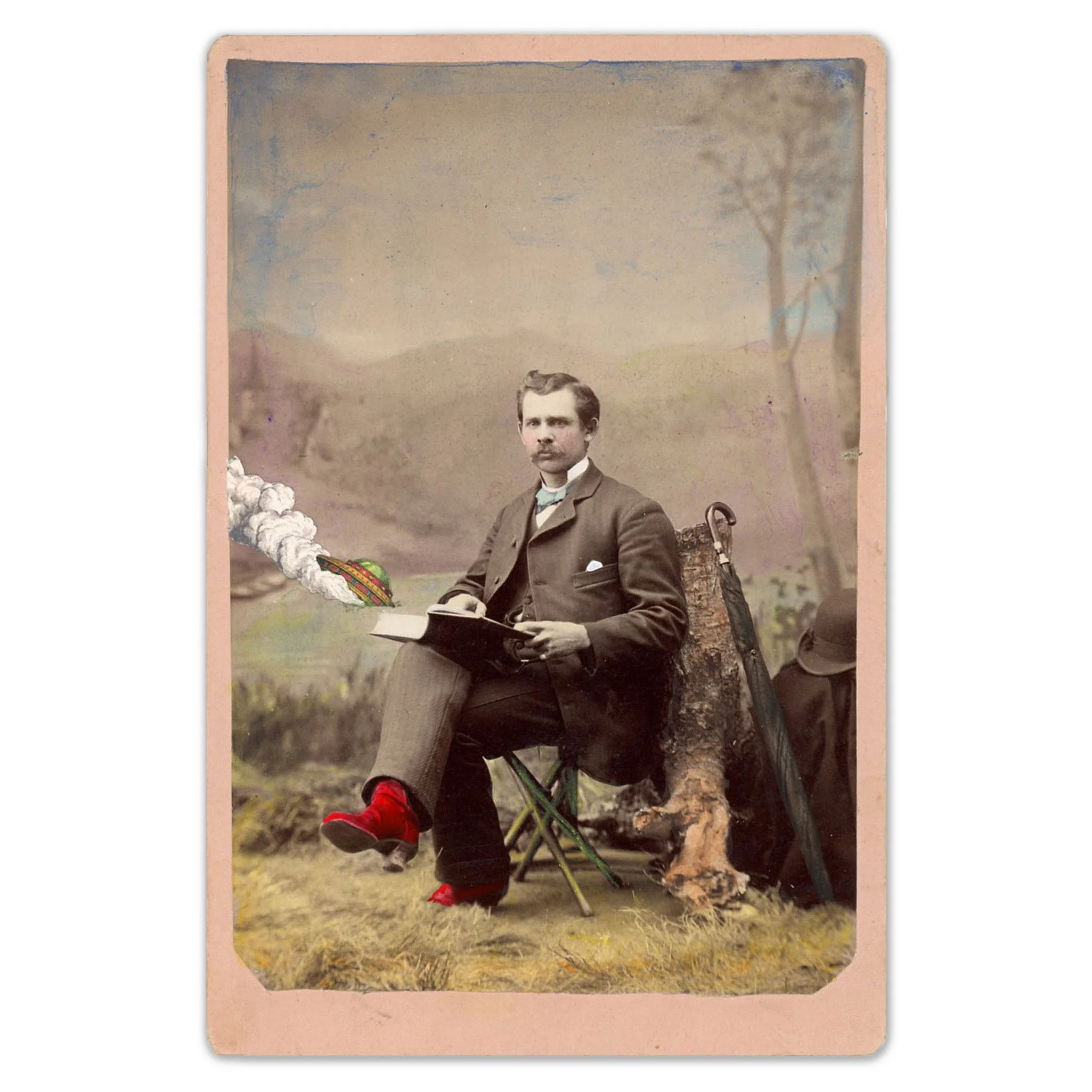Altered Victorian photo of a man reading outside oblivious to the smoking UFO that just crashed into the lake behind him.