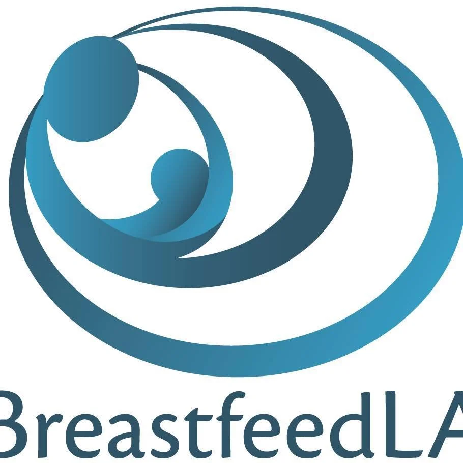 A stylized spiral logo with gradient blue tones, accompanied by the text 'BreastfeedLA'.