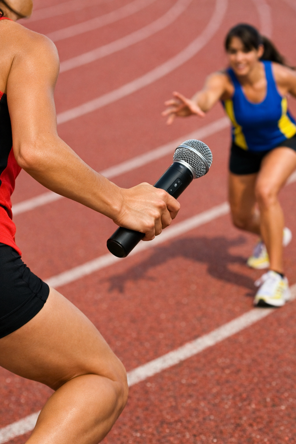 Close up of two female relay runners on a track passing a handheld microphone as the baton