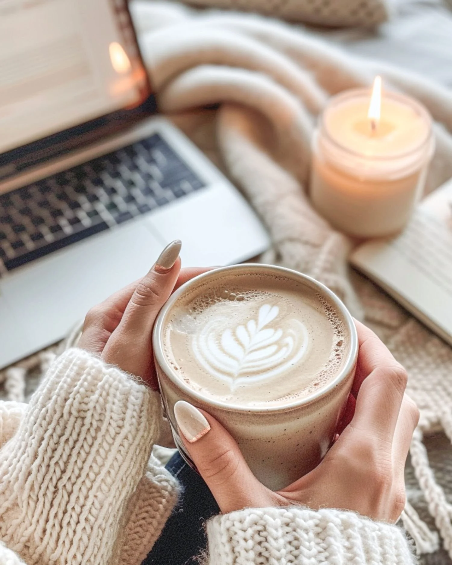 Hands holding coffee while working on brand strategy and copywriting for therapists on a laptop in a calm workspace