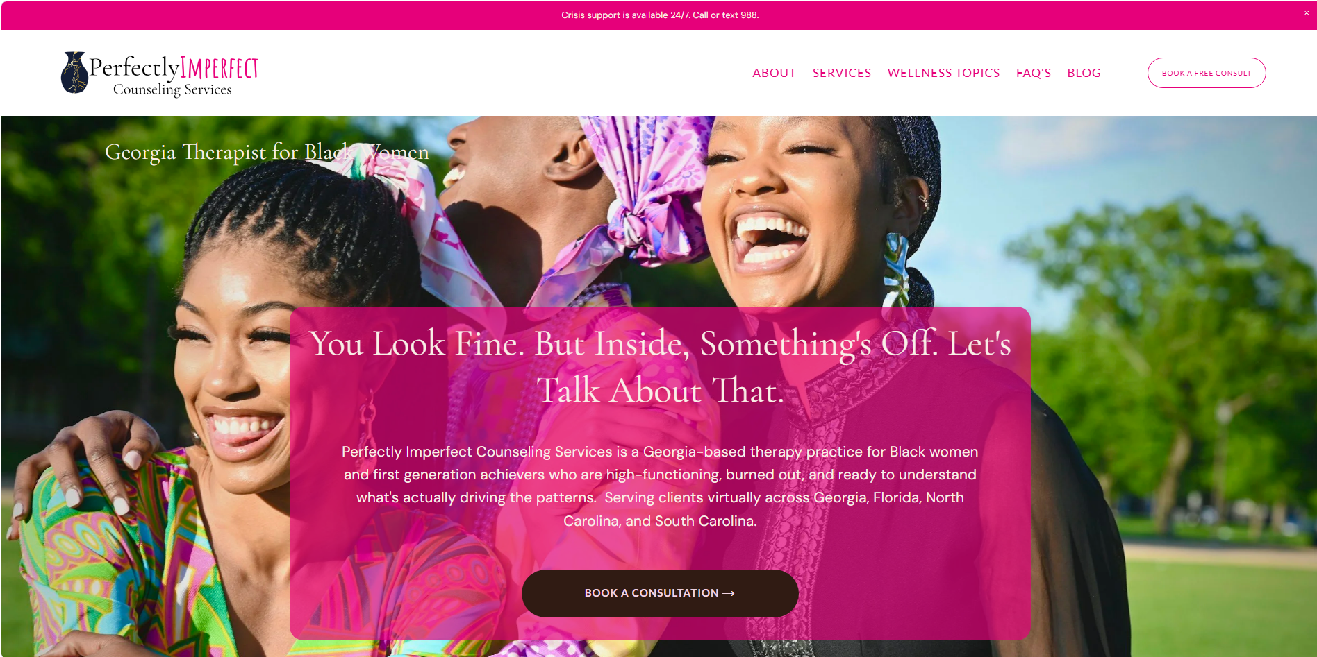 Therapist website case study screenshot showing Jennifer Brown’s homepage hero with her photos and bold pink messaging.