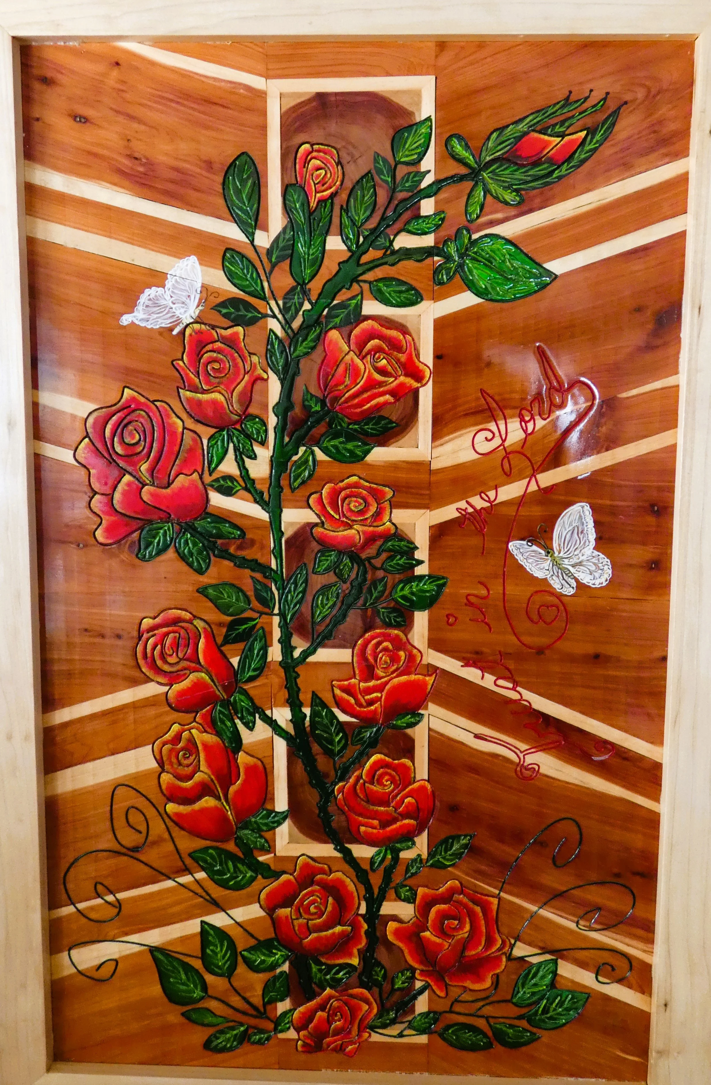 Handcrafted Wooden Wall Art with Roses and Butterflies