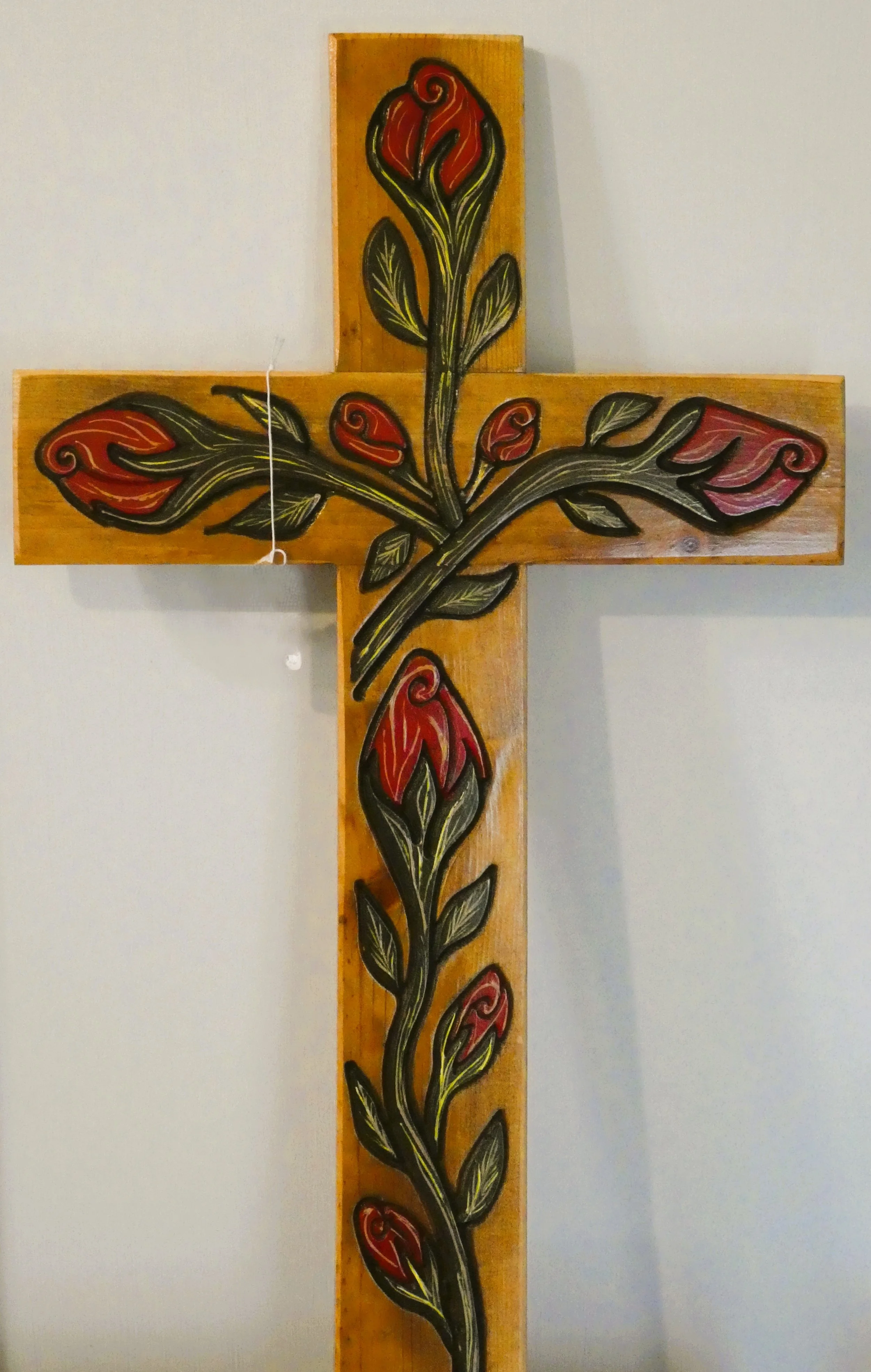 Hand-Painted Wooden Cross with Rose Design