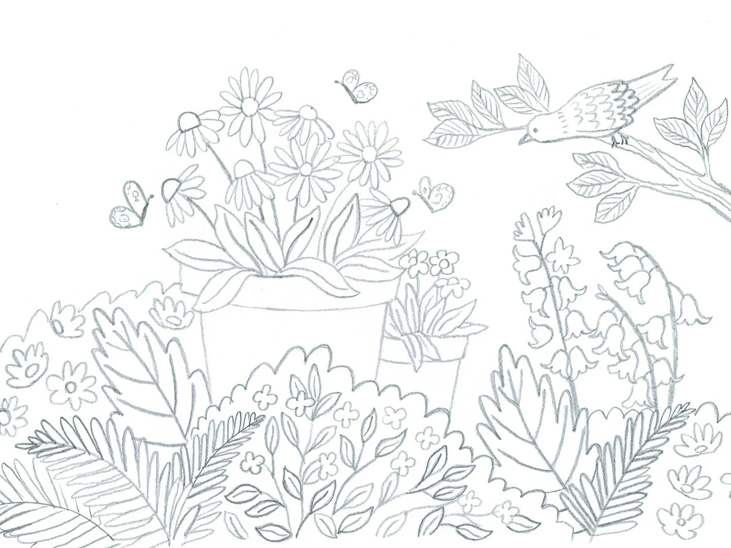 Sketch of a garden scene with potted flowers, surrounded by various plants and leaves. Birds and butterflies are flying above, and a larger bird is perched on a branch to the right.