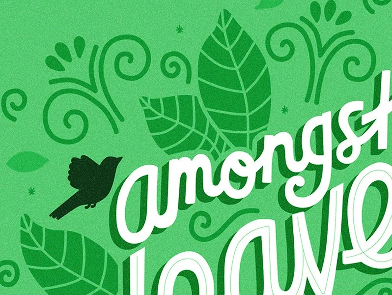 Green background with leaf and swirl patterns, a small black bird silhouette.