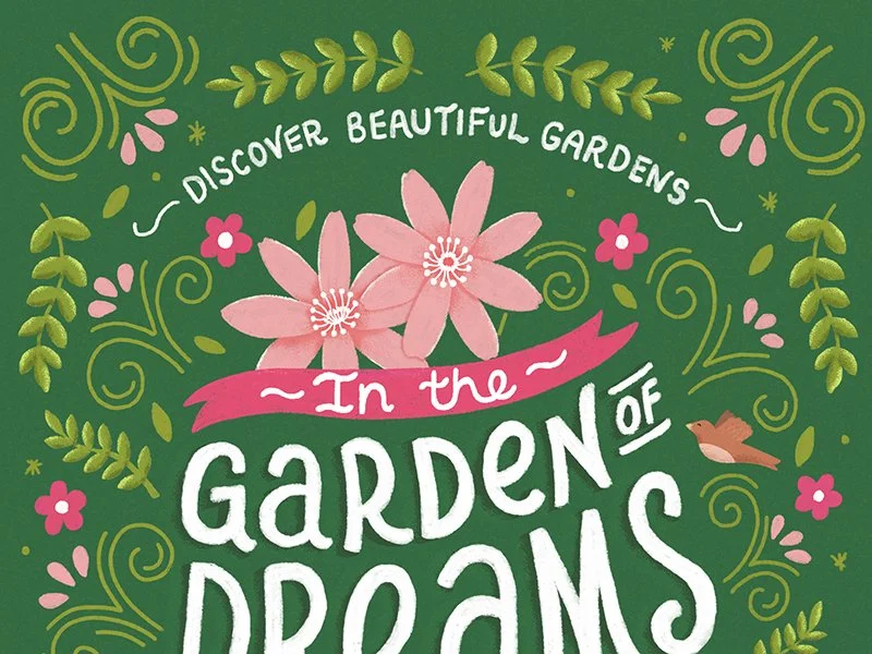 Colorful garden-themed poster with pink flowers, green leaves, and a small bird.