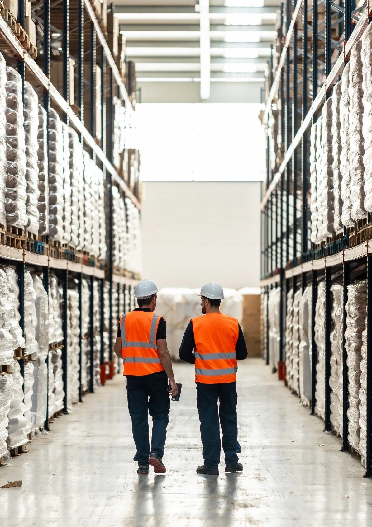 2 men in orange high vis vests in a b2b wholesale logistics warehouse