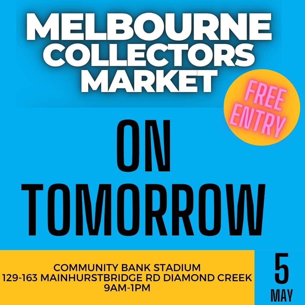 ON TOMORROW DIAMOND CREEK MELBOURNE COLLECTORS MARKET

Everything Pop Culture from Comics, Vintage and Modern Toys, Figures, Pop Vinyls, Books, Trading Cards Pokemon, Anime and more.

A big range of merchandise from both Business and Private collecto