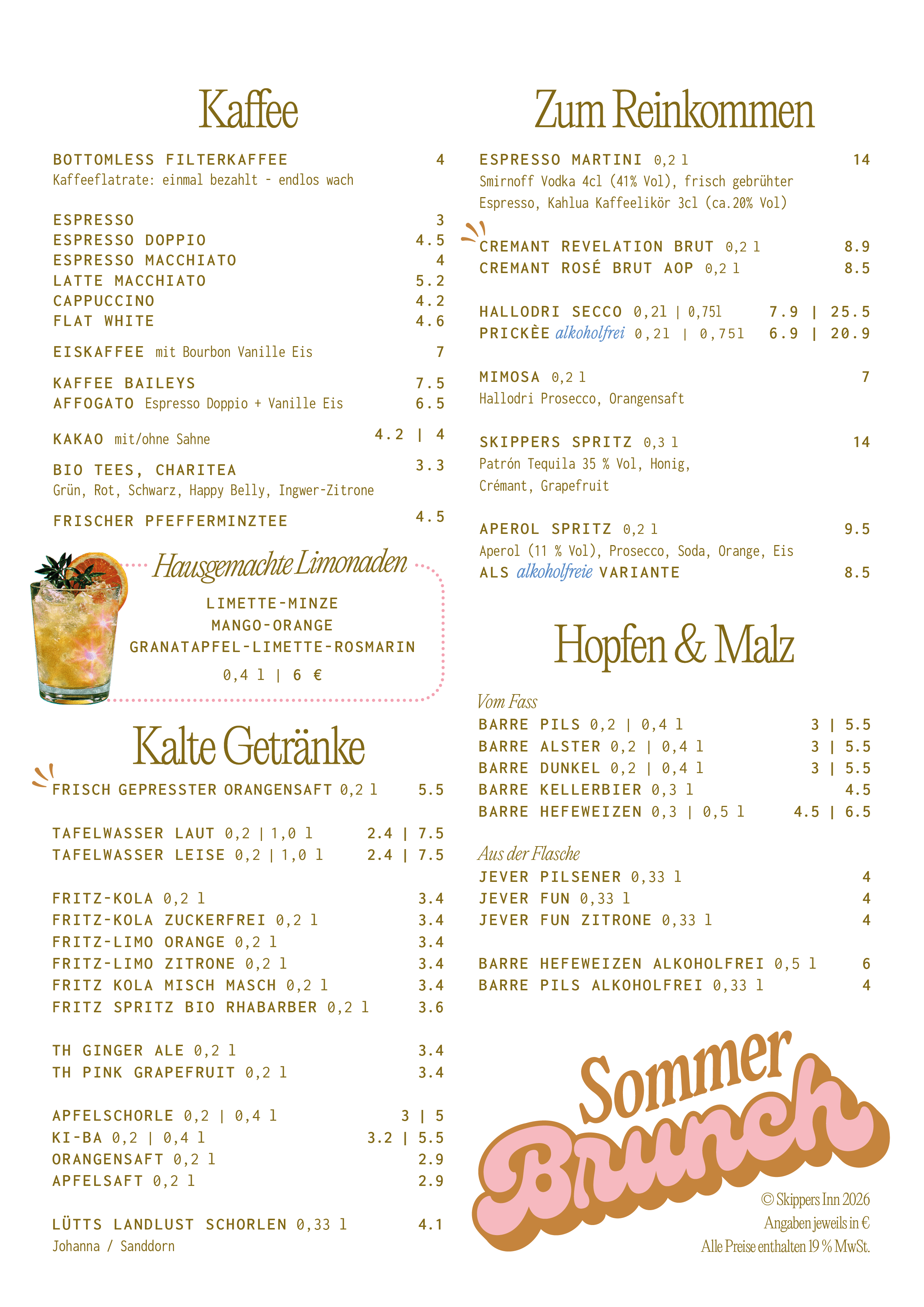 Speisekarte einer Bar mit Getränken und Cocktails, inklusive Kaffee, alkoholischen und alkoholfreien Getränken, sowie hausgemachten Limonaden, mit einem Bild eines erfrischenden Cocktails. Texte in deutscher Sprache.