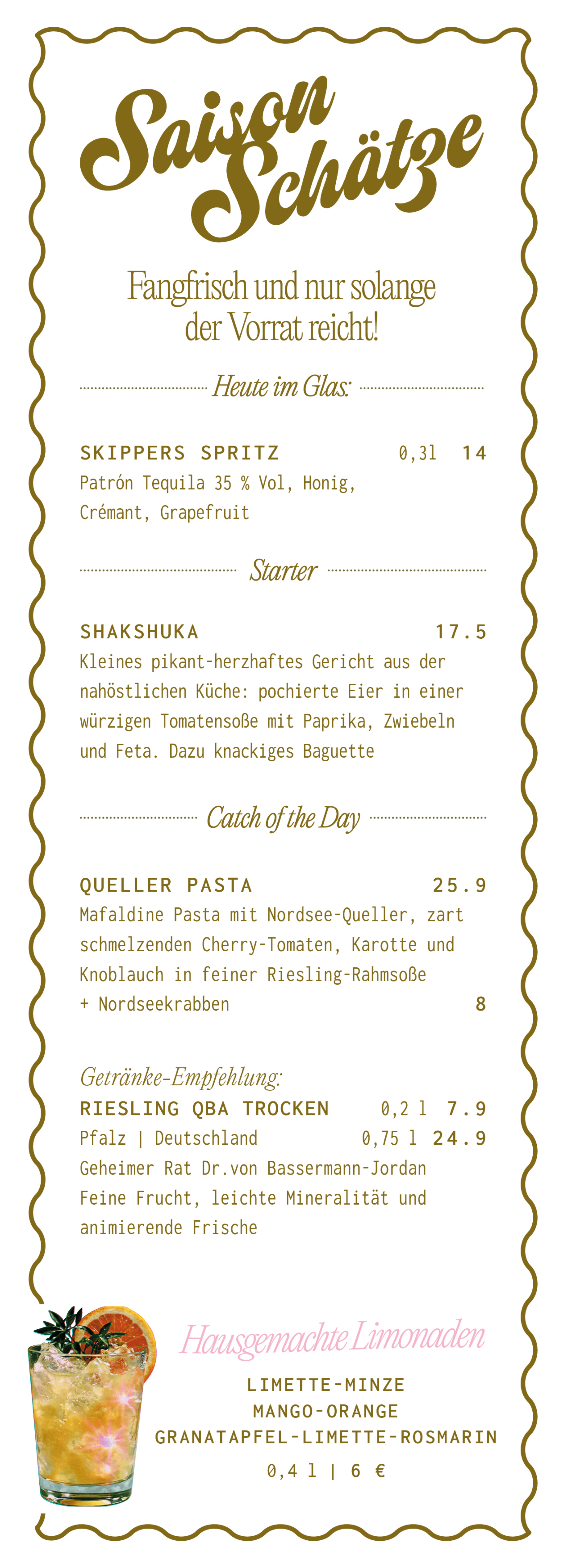 Speisekarte für eine gastronomische Einrichtung mit Getränken und Speisenangeboten, inklusive Cocktails, Vorspeisen, Pasta-Gerichten, Weinen und hausgemachten Limonaden, sowie einem Getränkeglas mit Zitrone und Minze