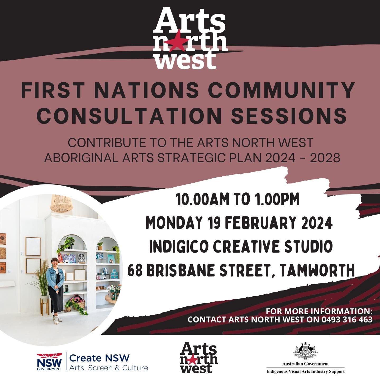 Indigico Creative Studio is delighted to be hosting a Community Consultation session with Arts North West this coming Monday 19th February from 10am-1pm. 

Arts North West is working on their 2024-2028 Aboriginal Arts Strategic Plan and they want to 
