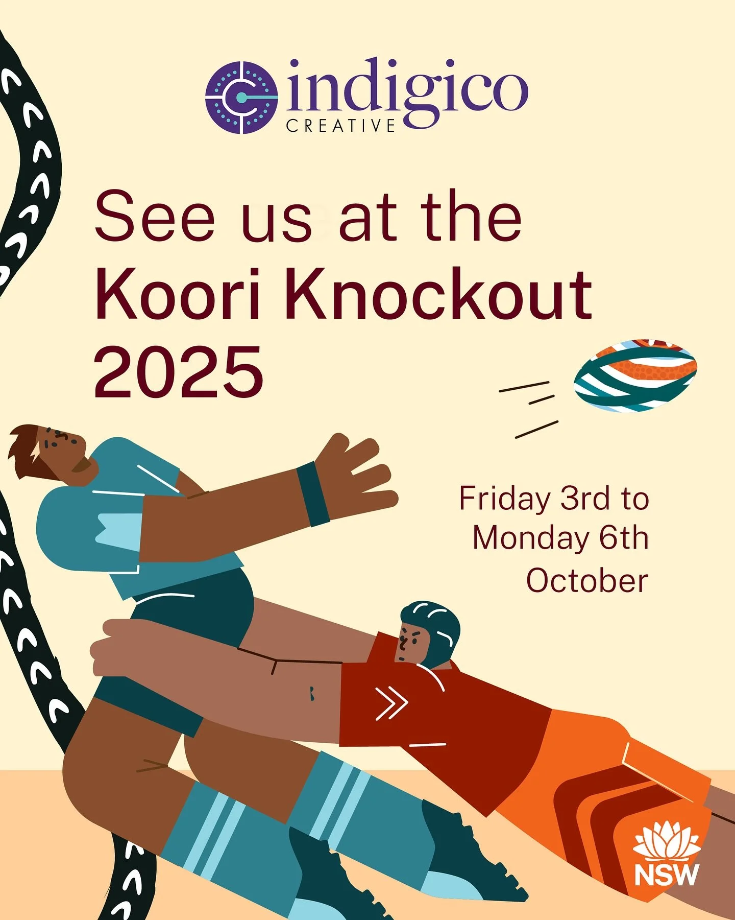 Things have officially kicked off for the 2025 Koori Knockout on our homesoil in TAMWORTH on beautiful Gamilaroi Country!! 

Come and say hi at the Indigico Creative stall in the Aboriginal Business Precinct, supported by NSW Department of Primary In