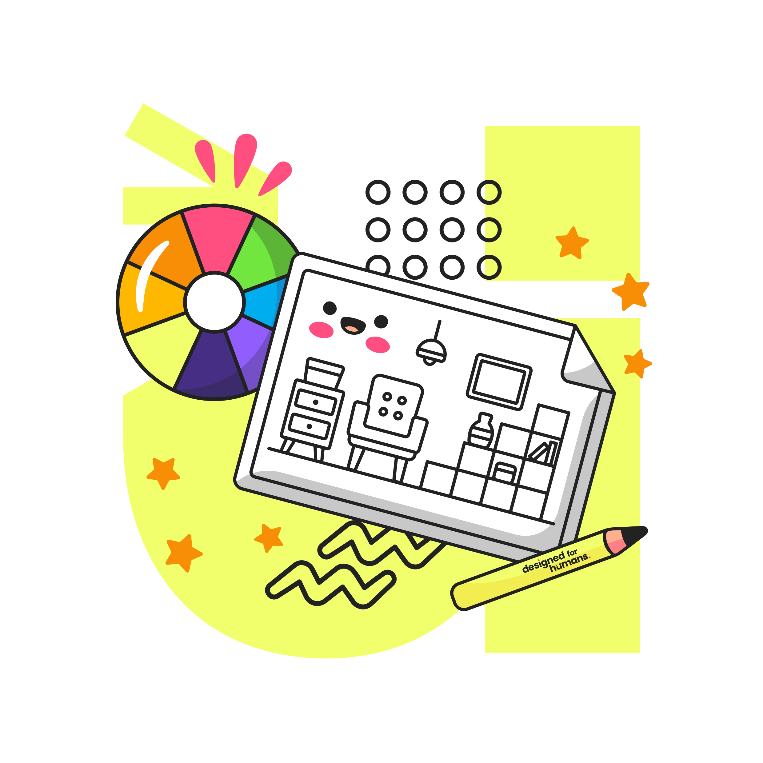 Color palette, a cartoonish house sketch, a color wheel, a yellow pencil, and star-shaped decorations on a yellow background.