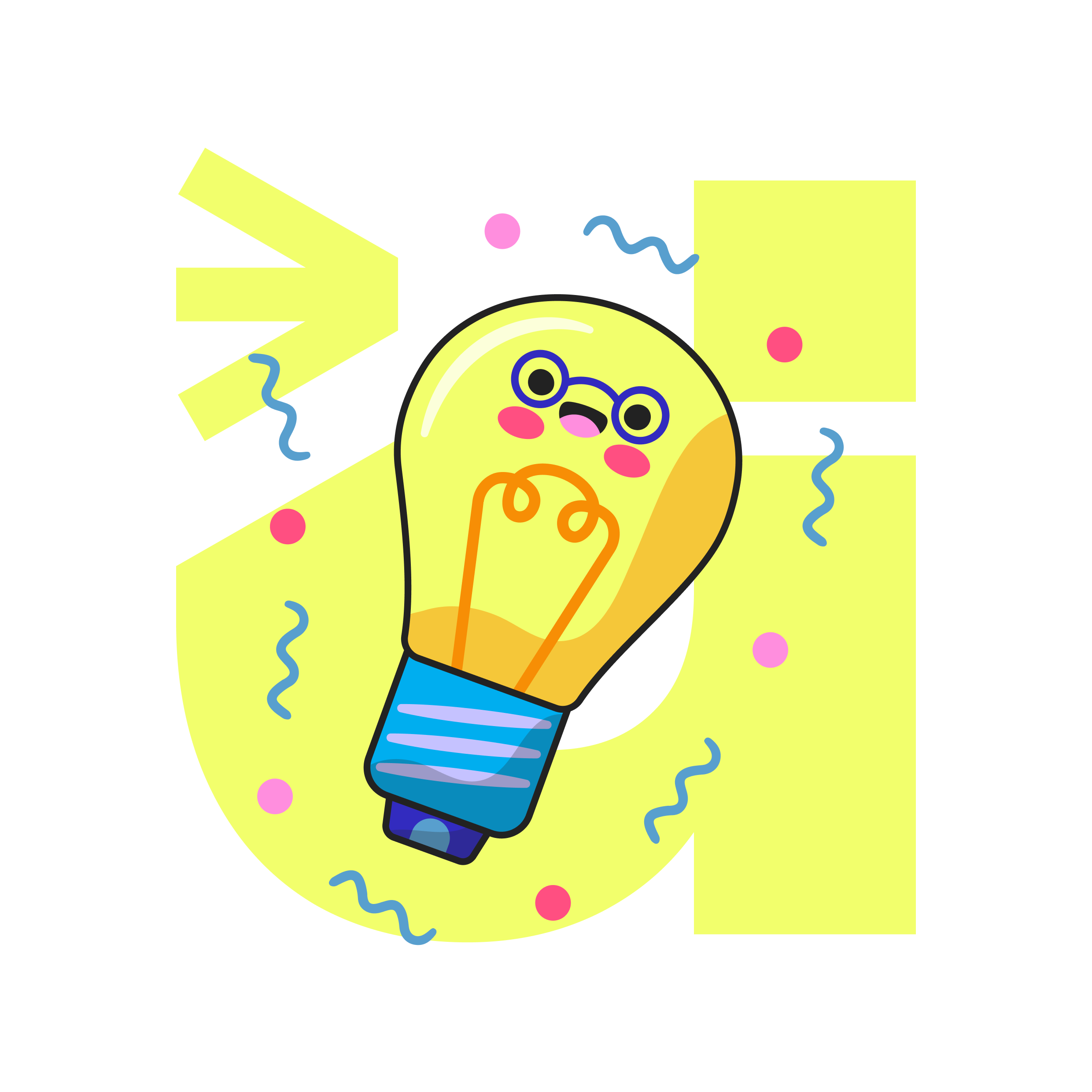 Cute animated light bulb with a happy face, surrounded by colorful confetti and streamers, with a yellow crescent shape and geometric shapes in the background.