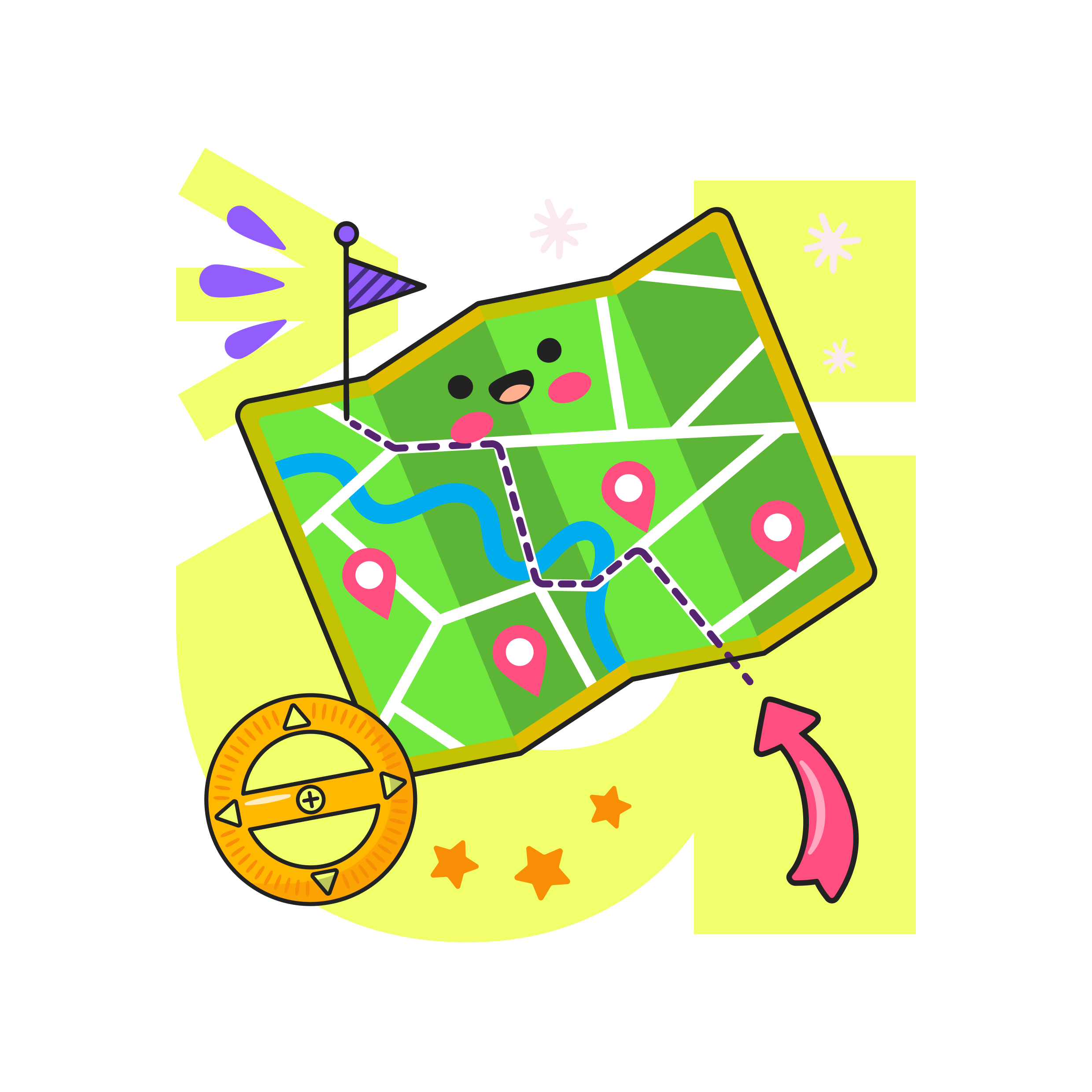 Cute animated map with smiling face, marked pins, a blue river, directions arrow, and compass, set against a bright yellow background with stars.