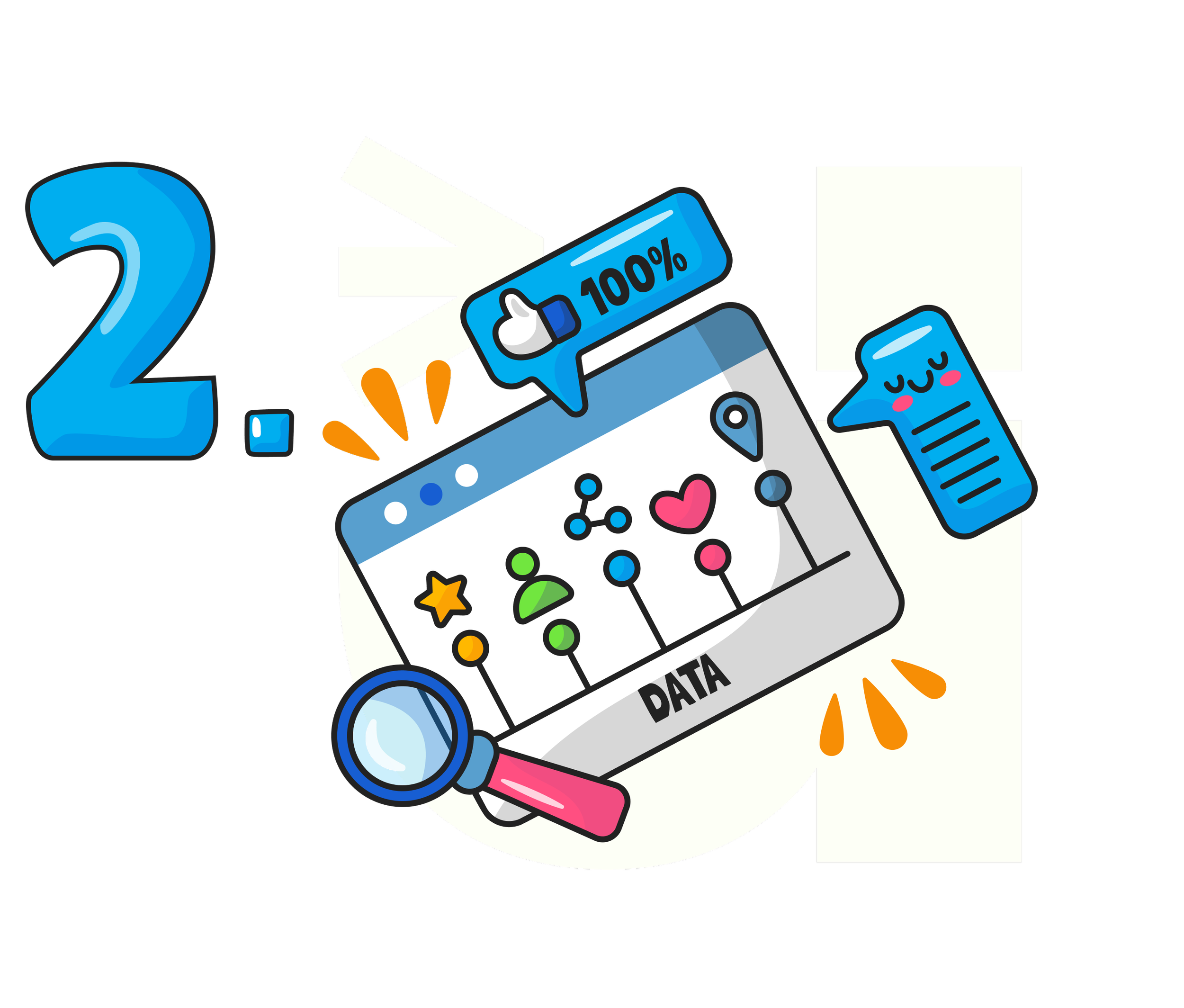 number 2 with a cartoon drawing of a screen with a magnifying glass, thumbs up and happy face