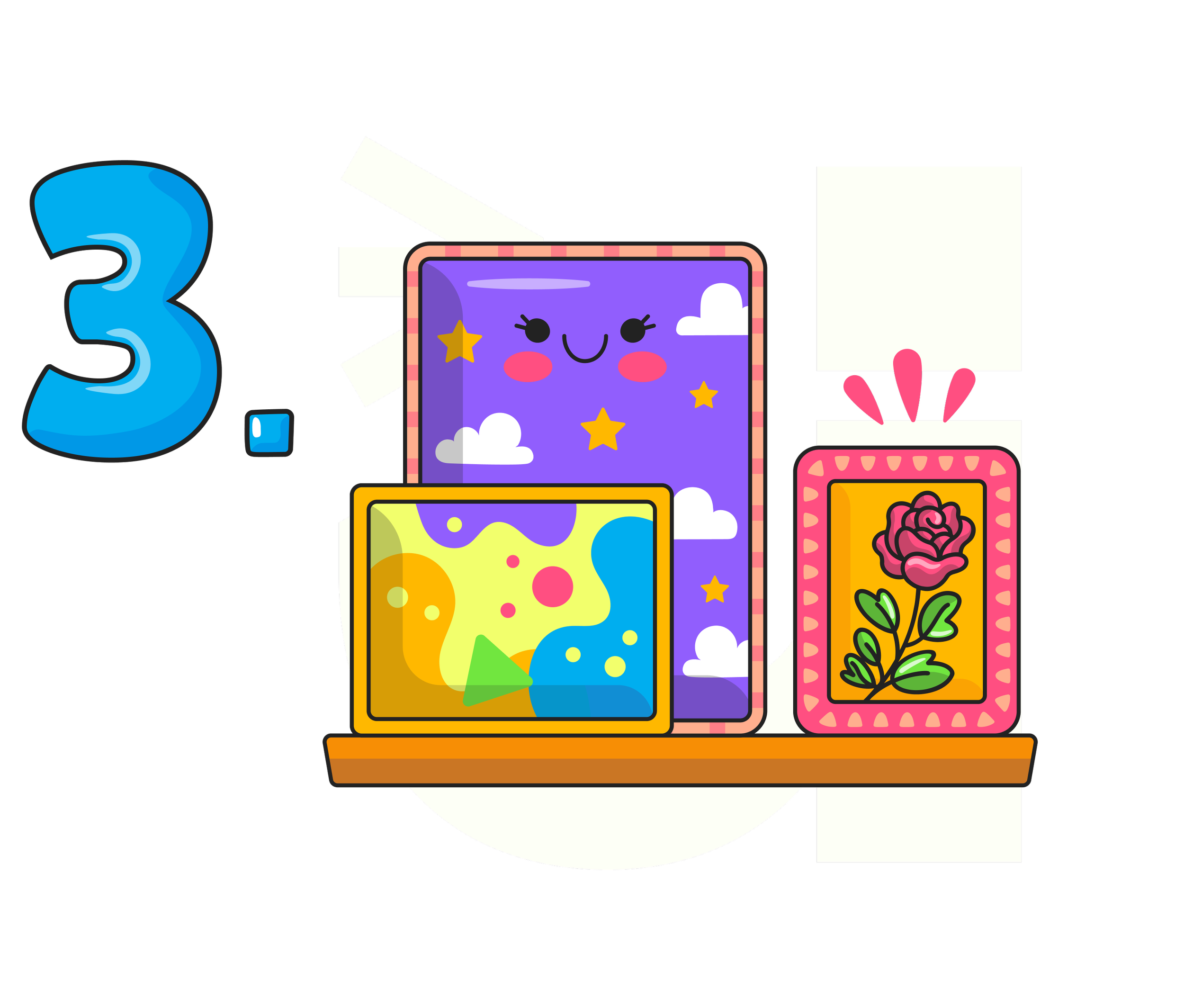number three with a cartoon drawing of picture frames