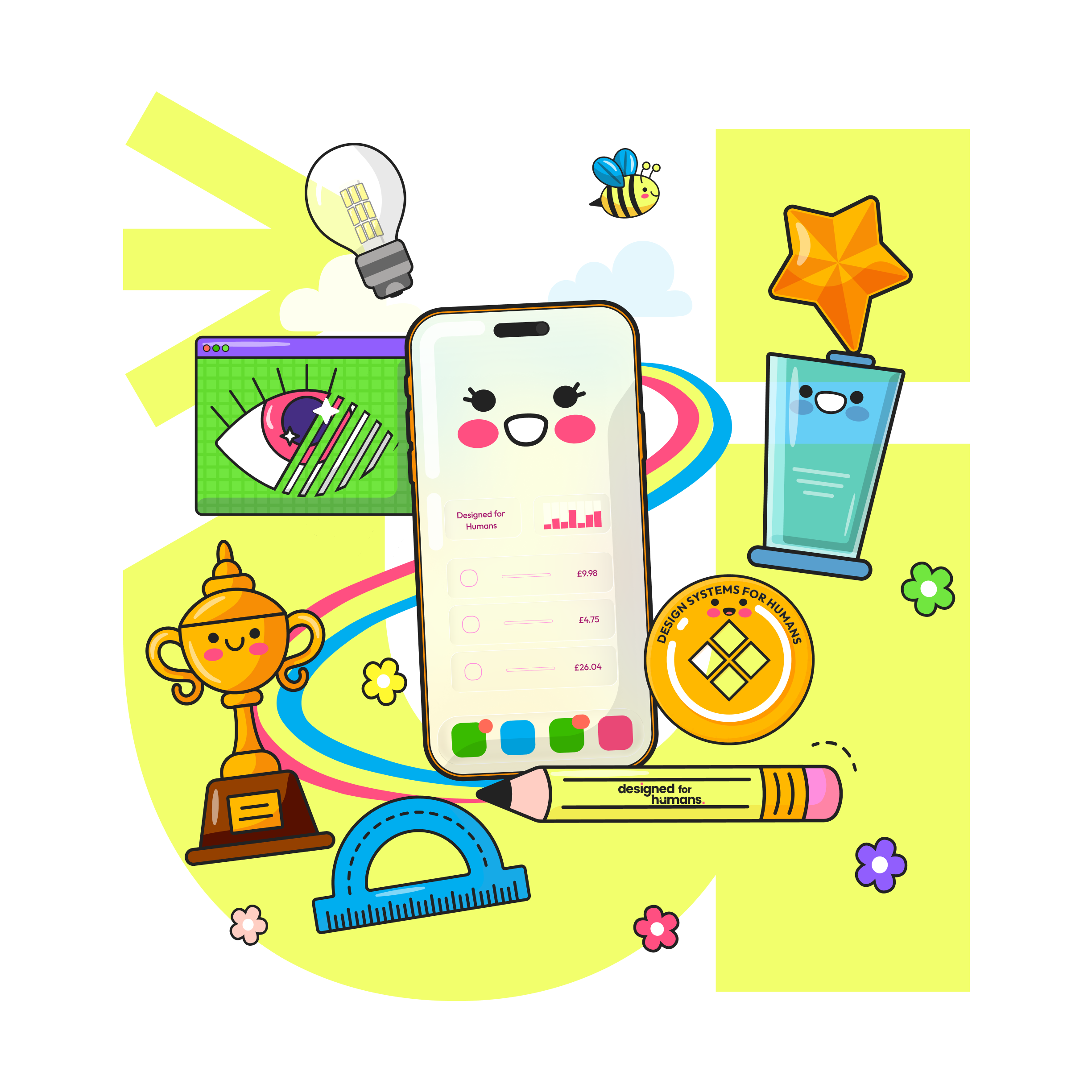 Colorful cartoon illustration of a mobile phone surrounded by cheerful icons including a light bulb, a bee, a rainbow, a trophy, a star, a tortoise, a ruler, and flowers, with a bright yellow background.