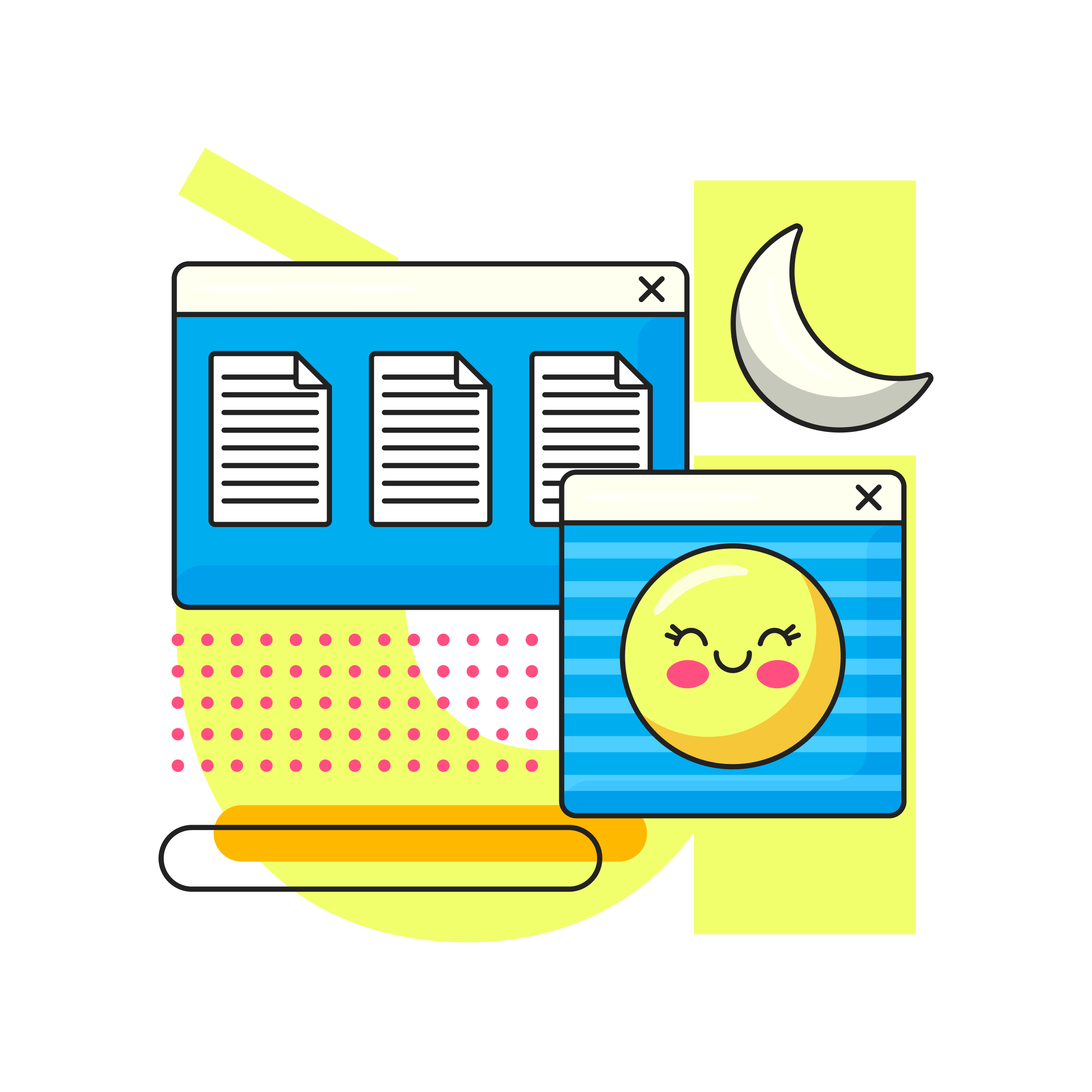 Digital illustration of overlapping browser windows with documents and a smiling sun, with colorful abstract backgrounds and geometric shapes.