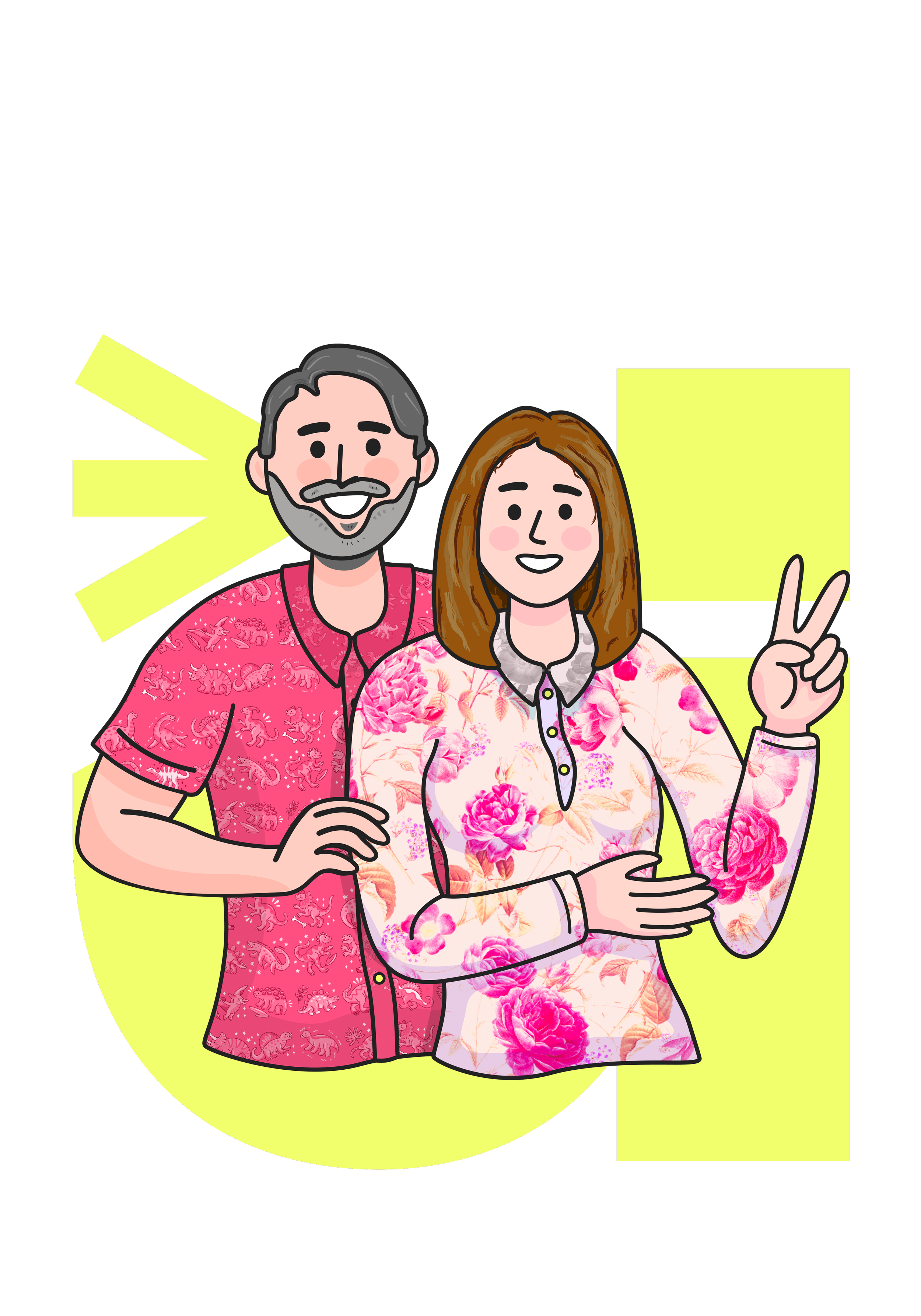 Paul and Niomi Wilshaw cartoon style in front of an electric lime U with winking face from the Designed for Humans logo
