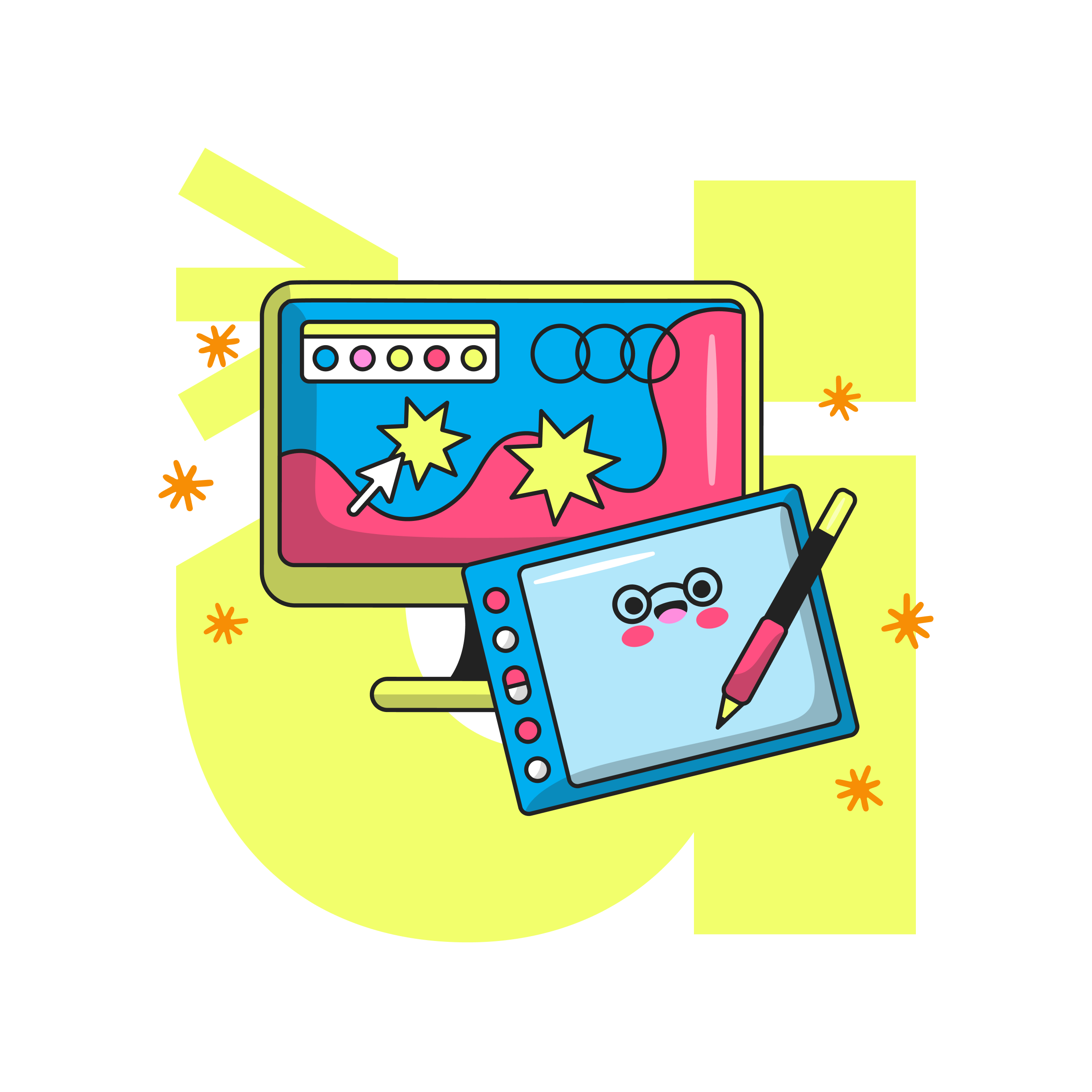 Digital drawing of a creative workspace with a computer monitor, graphics tablet with a stylus, colorful abstract background, and playful design elements.