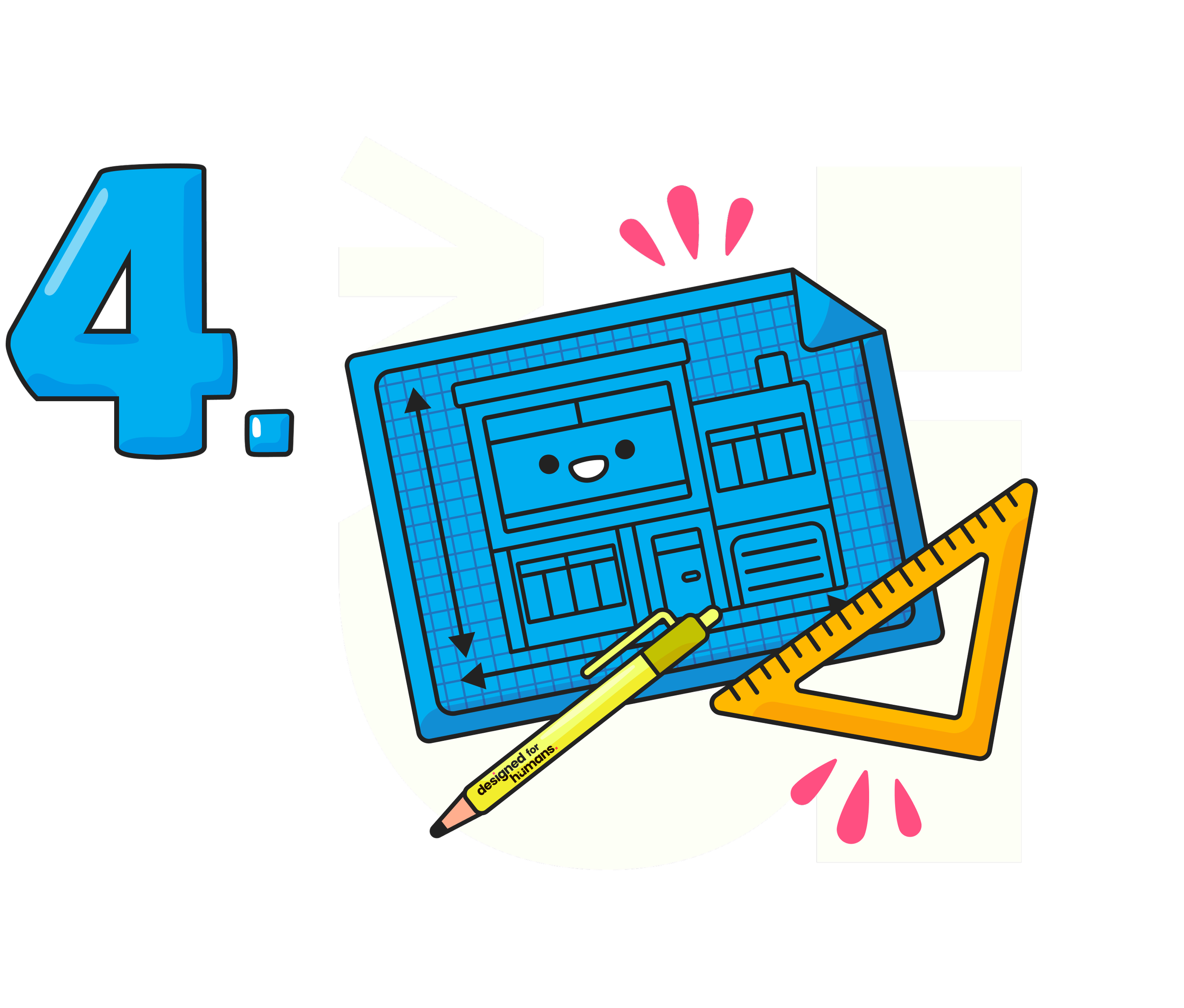 number four with a cartoon blue print, pen and set square