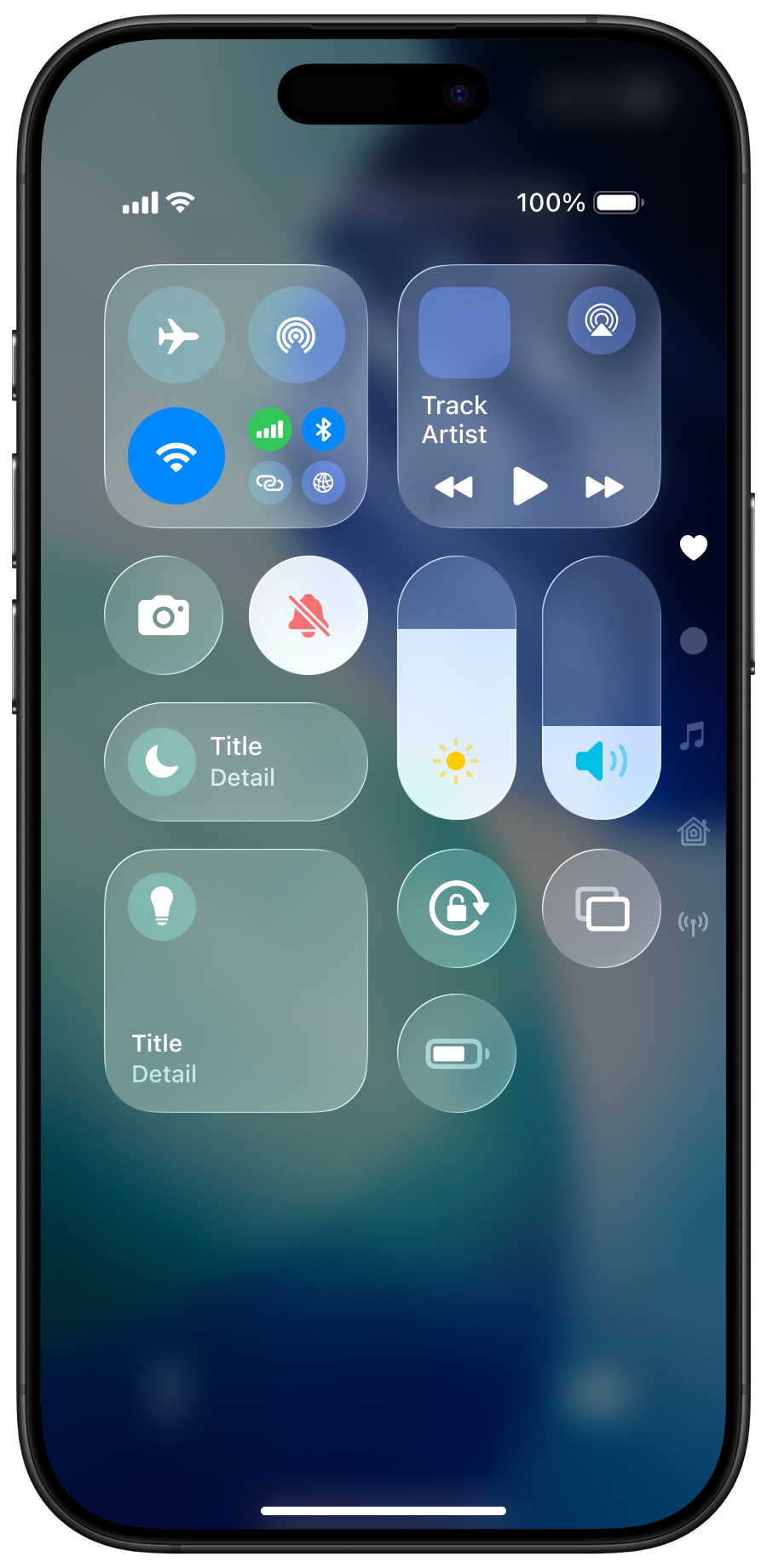 iOS 26 Control Centre using the Liquid Glass design.