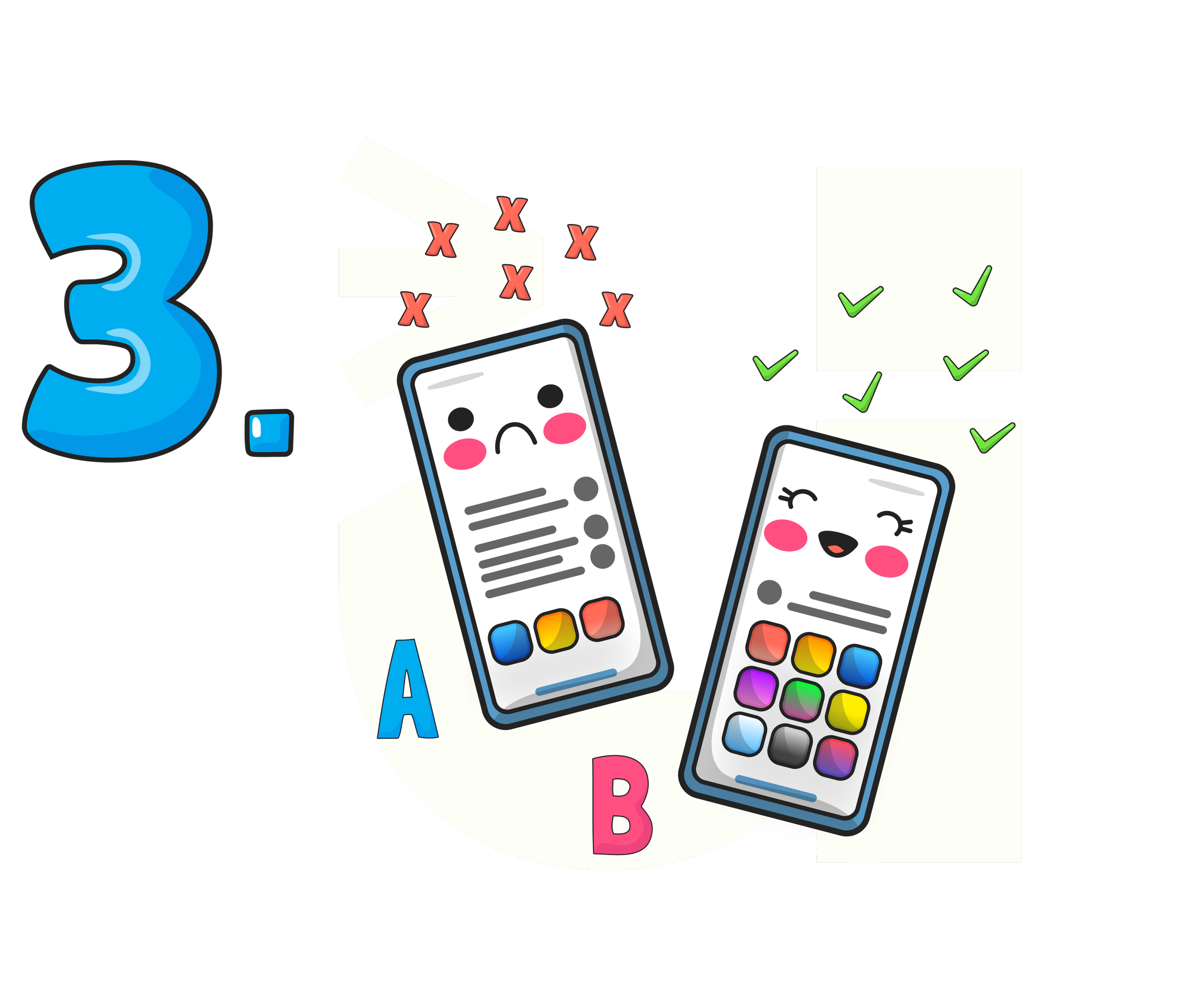number three with a cartoon drawing of two screens with a happy design and a sad design