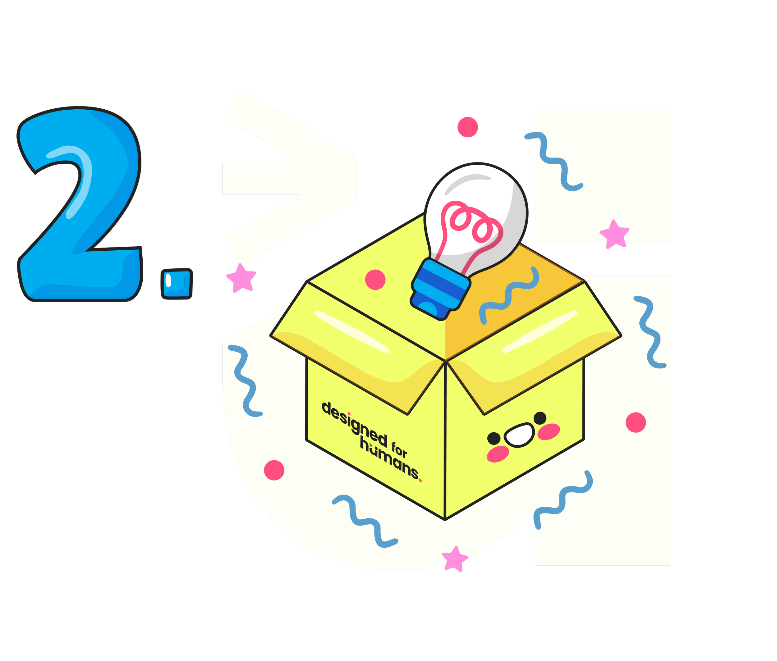 number two with a cartoon box and a light bulb popping out of it