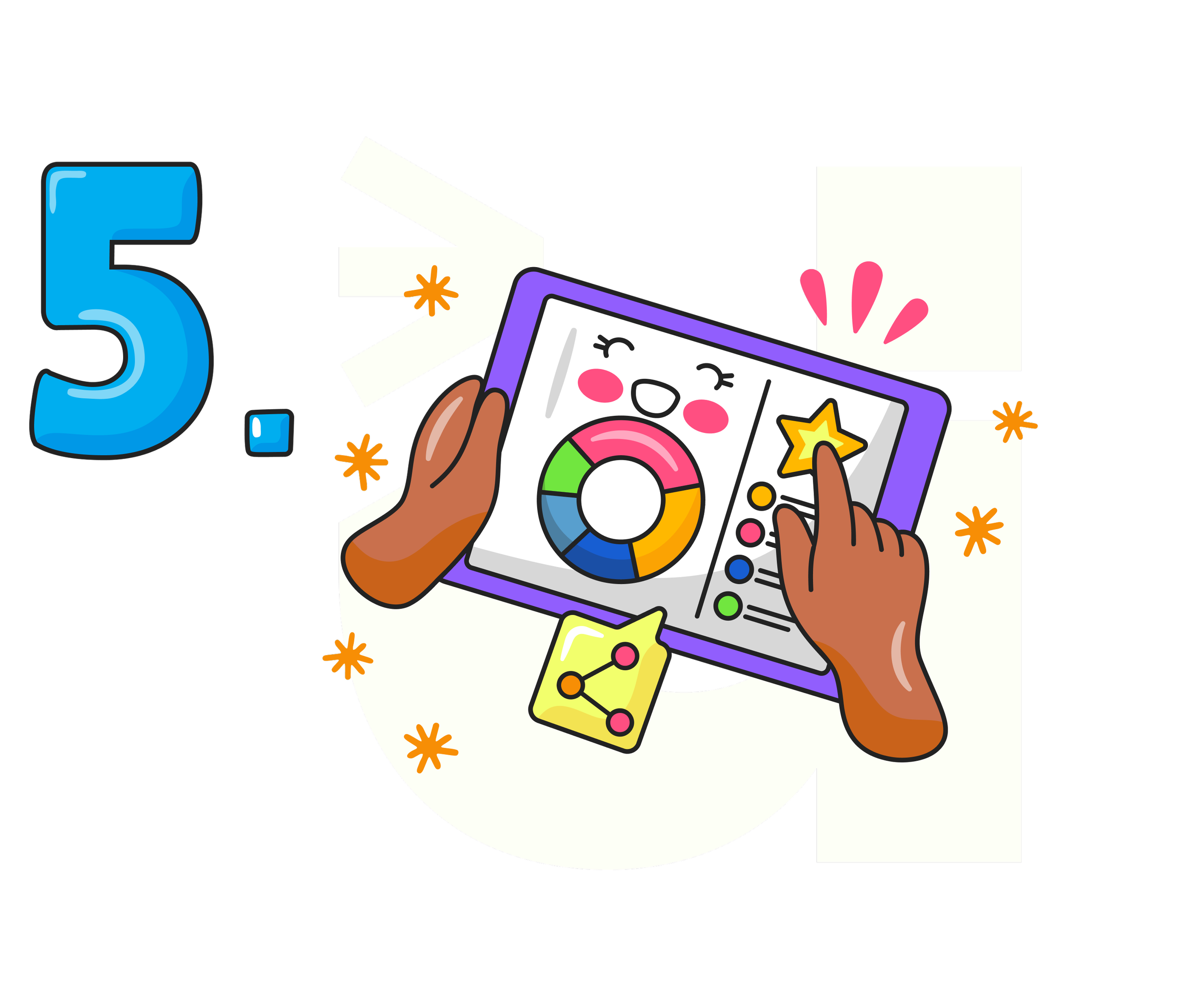 number five with a cartoon device showing a smiley face, pie chart and stars