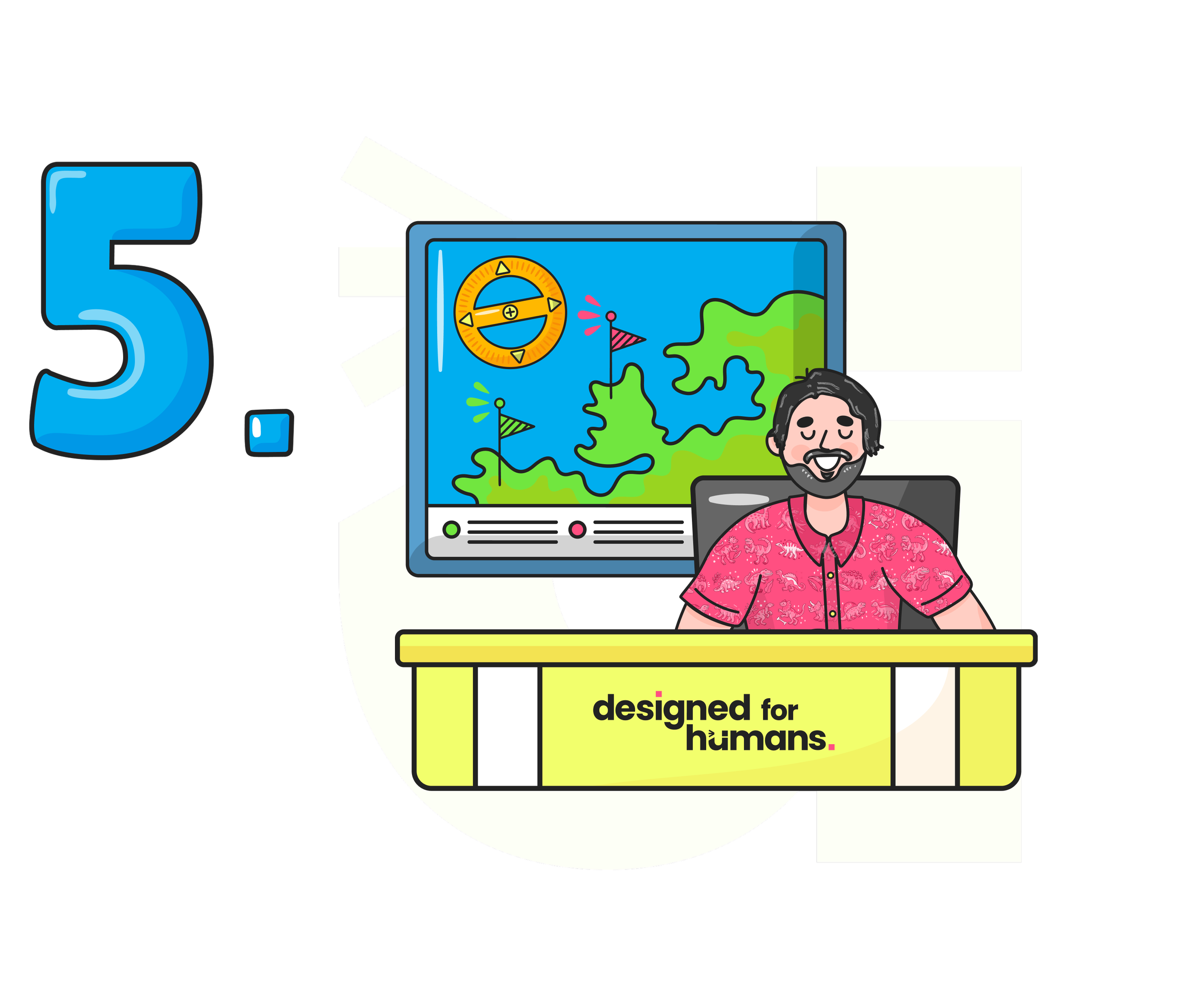 number 5 with cartoon man behind a desk with a screen showing