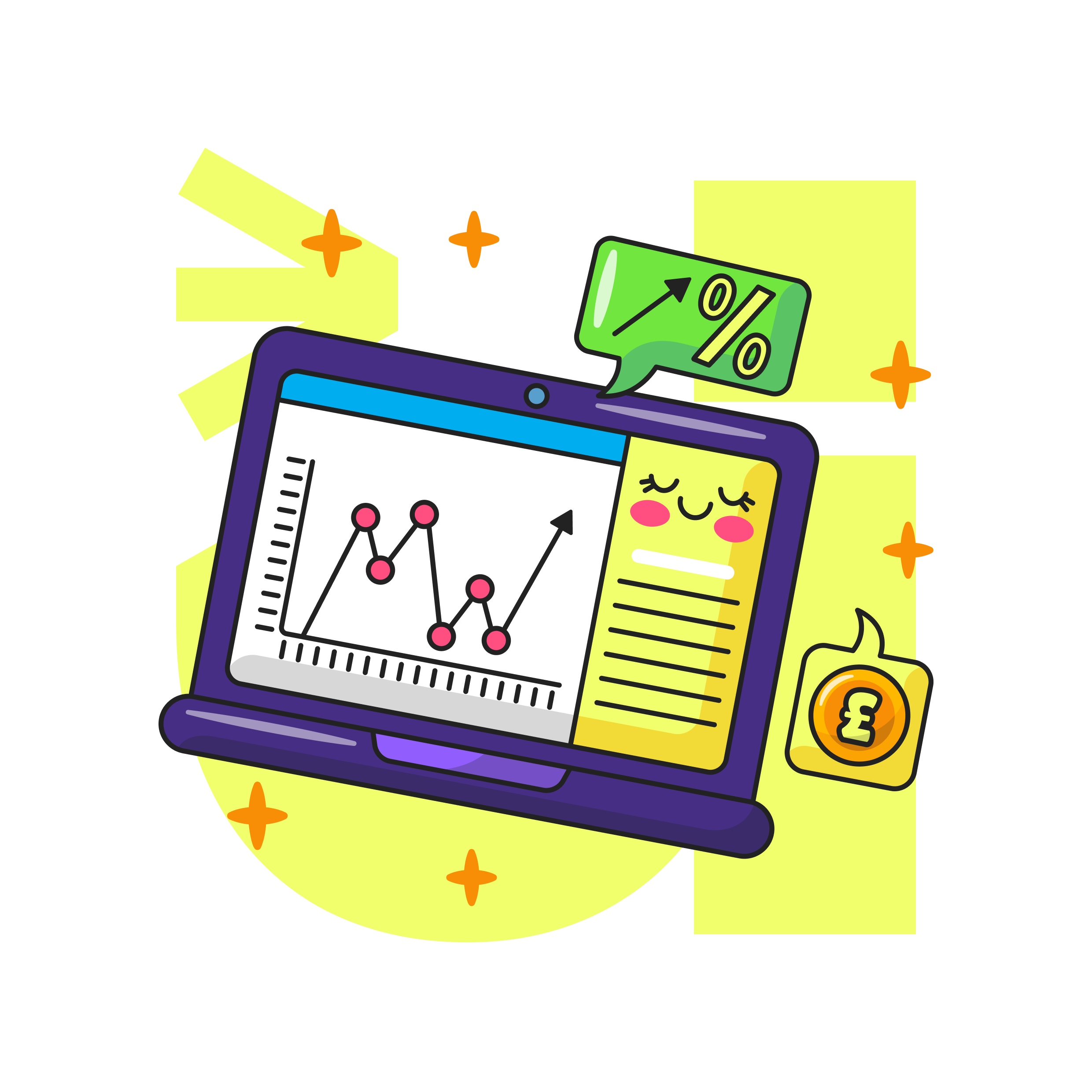 A cartoon-style laptop displaying a line graph with data points and an upward trend, surrounded by icons and graphics representing financial growth, discounts, and currency in bright colors and cheerful design.
