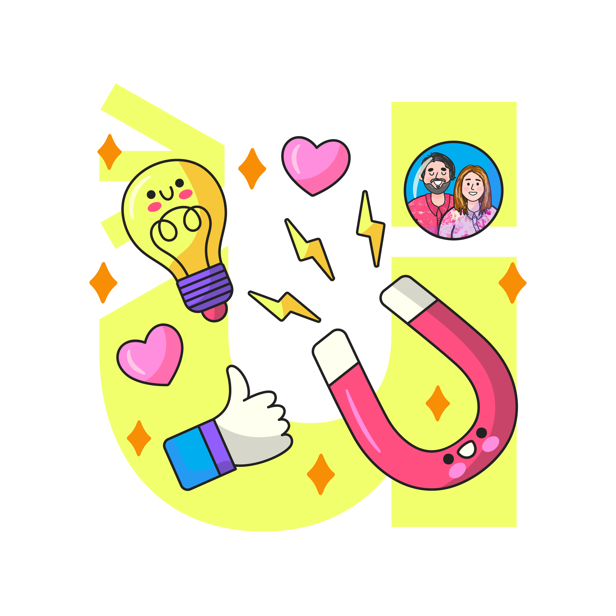 Cartoon illustration of a magnet attracting a lightbulb and a thumbs-up, with pink hearts, orange sparkles, a polaroid photo of a man and woman, and yellow swooshes around them.