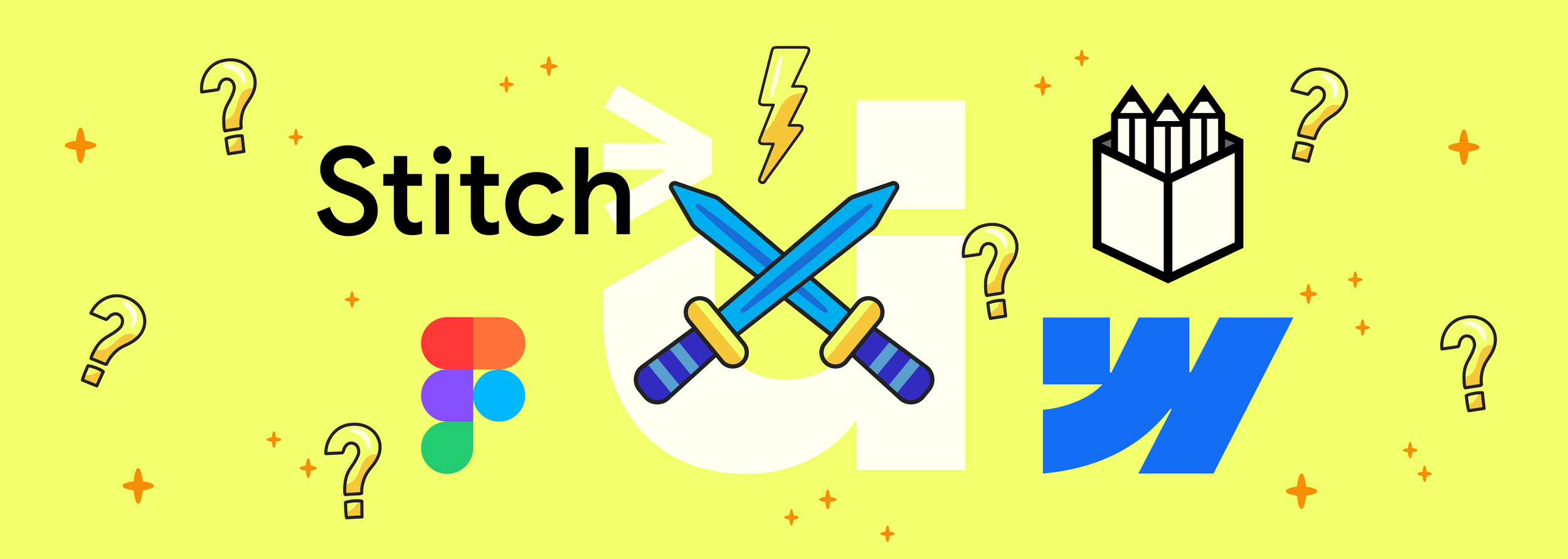 Illustration of swords crossed, surrounded by the logos of Stitch, Pen Pot, Figma and Webflow.