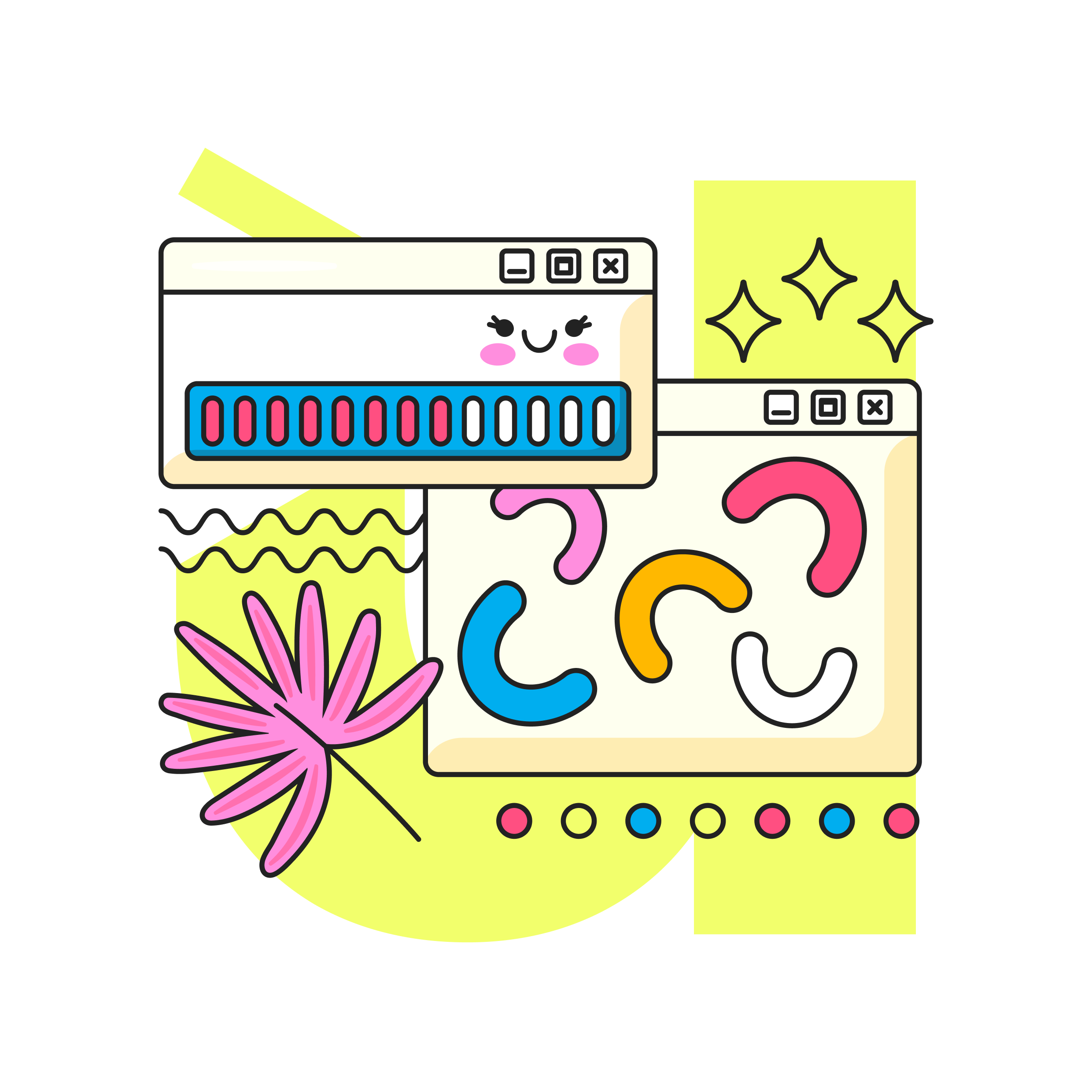 Colorful cartoon illustrations of two washing machines with smiling faces, pink, blue, yellow, and white curvy lines, a pink leaf, yellow decorative elements, and shining stars on a dark background.