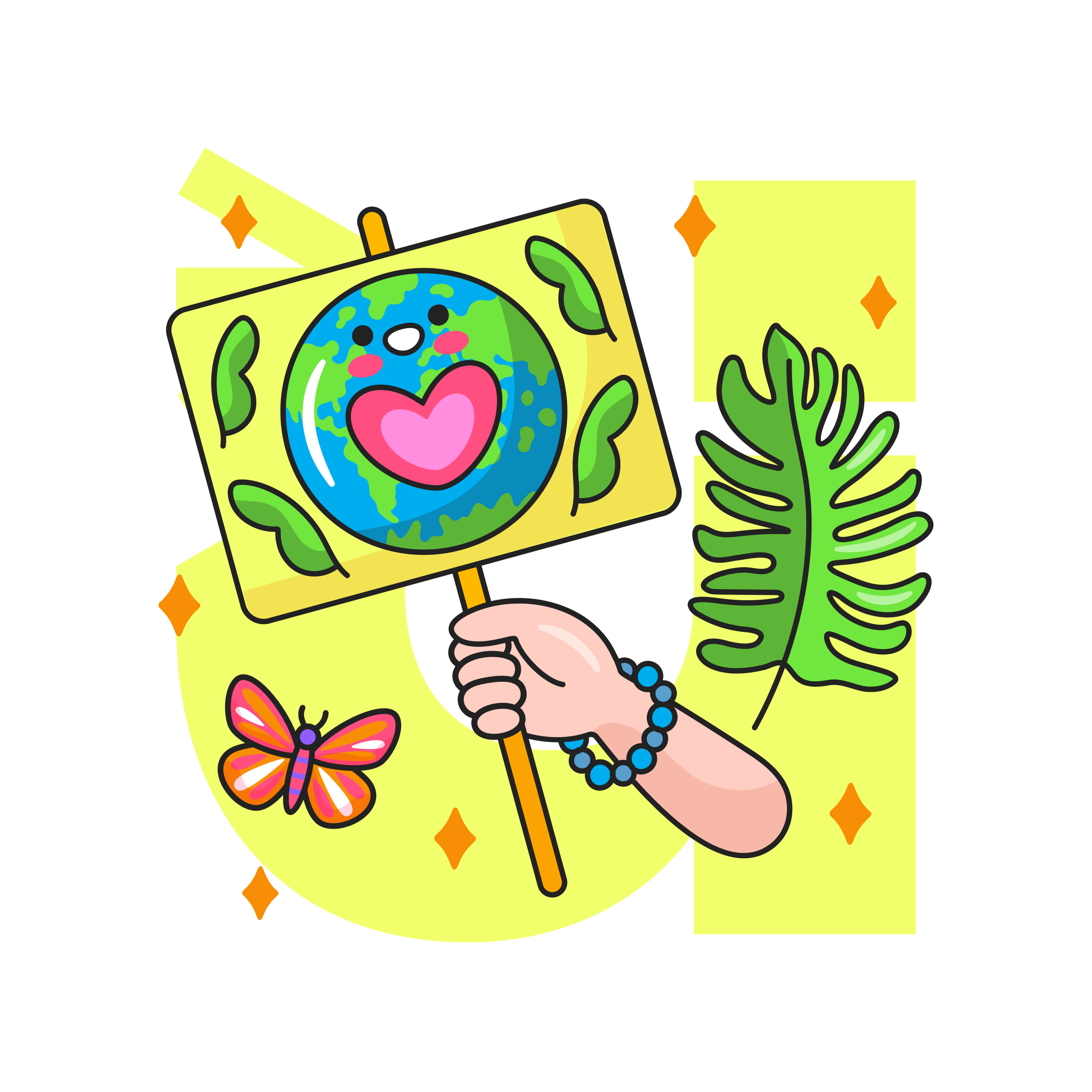 cartoon of an arm holding a sign with the earth on