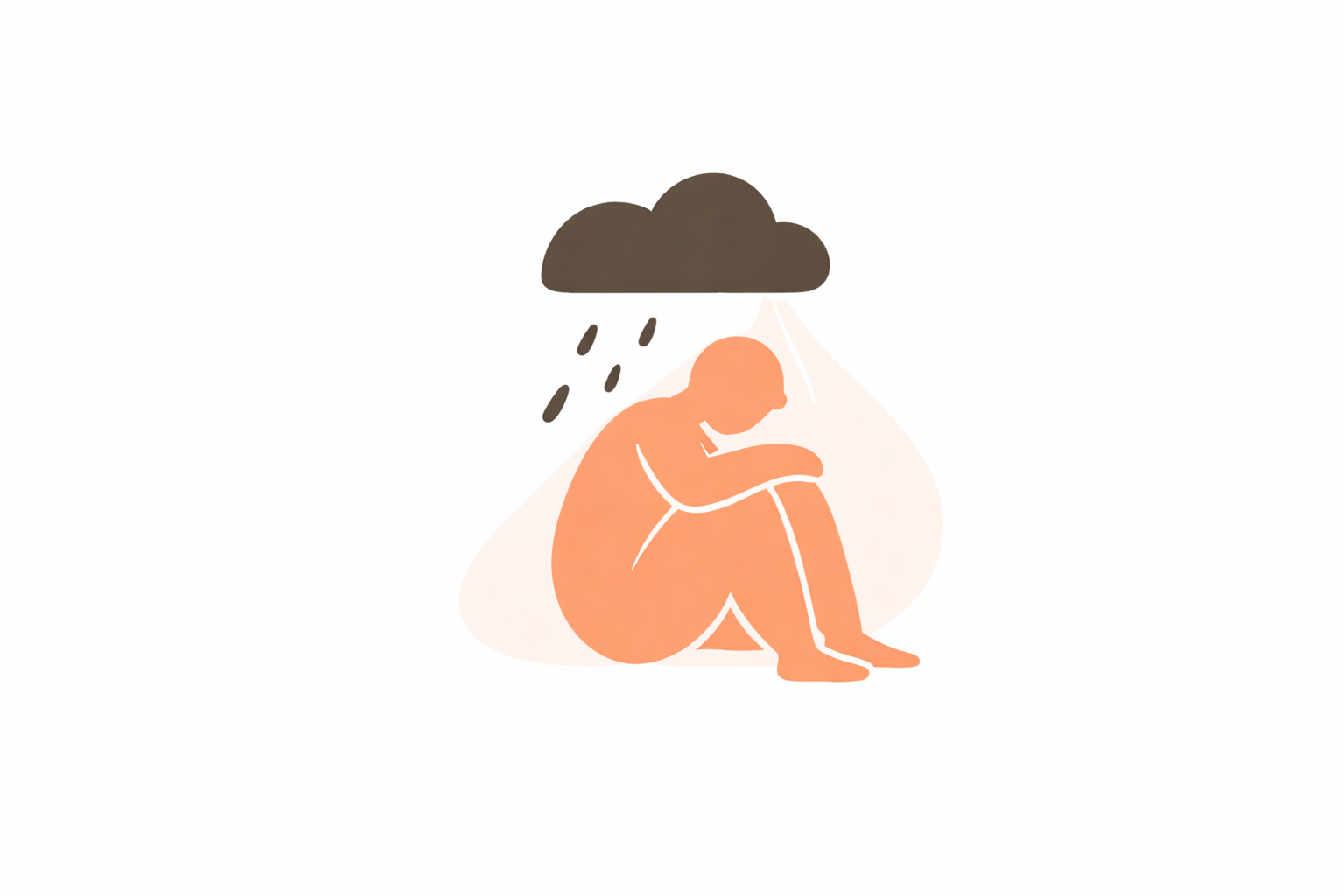 A digital illustration of a person sitting with their head down and arms around their knees under a dark cloud with raindrops, symbolizing sadness or depression.