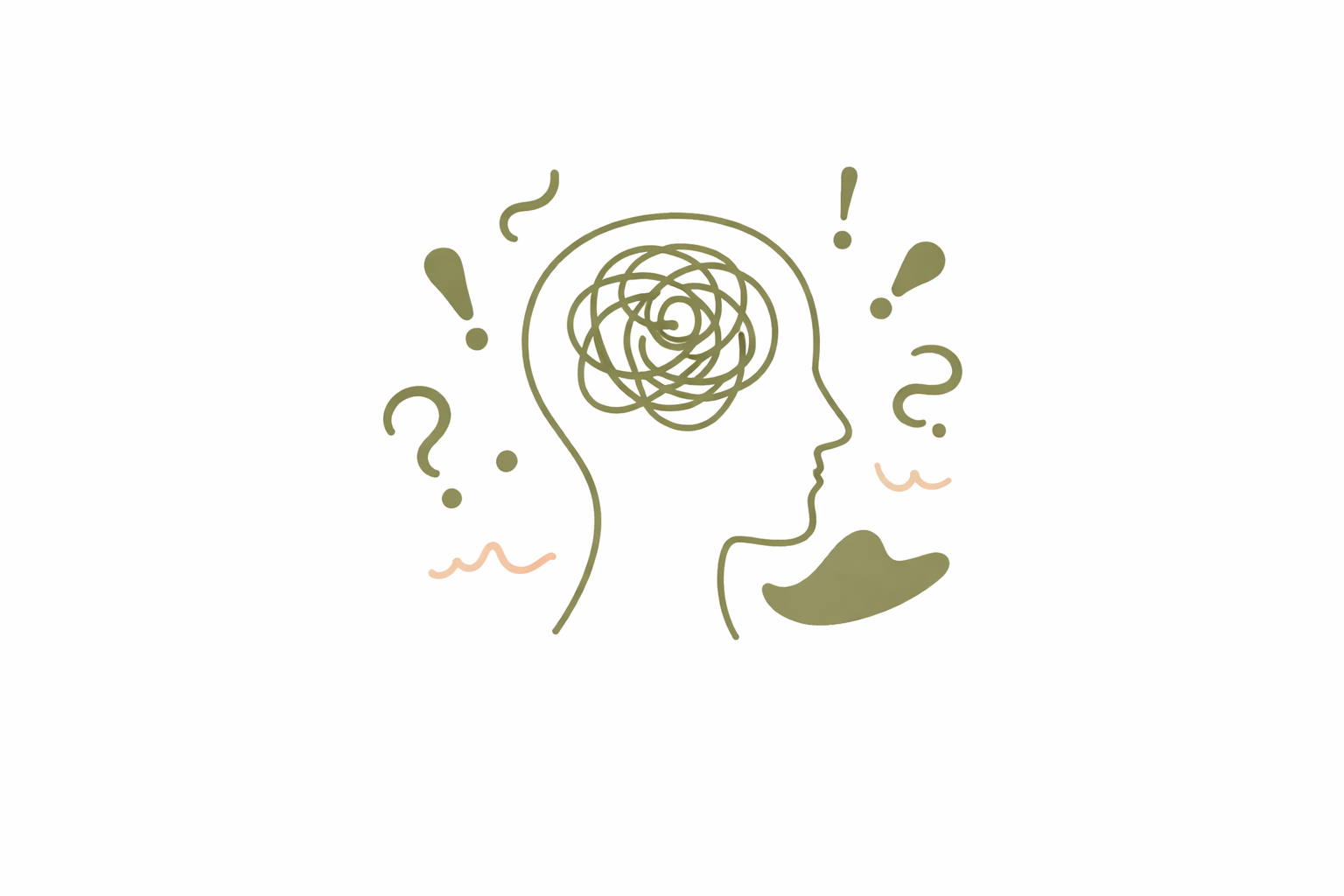 Illustration of a person's profile with a tangled scribble inside the head, surrounded by question marks and exclamation points, symbolizing confusion or mental chaos.