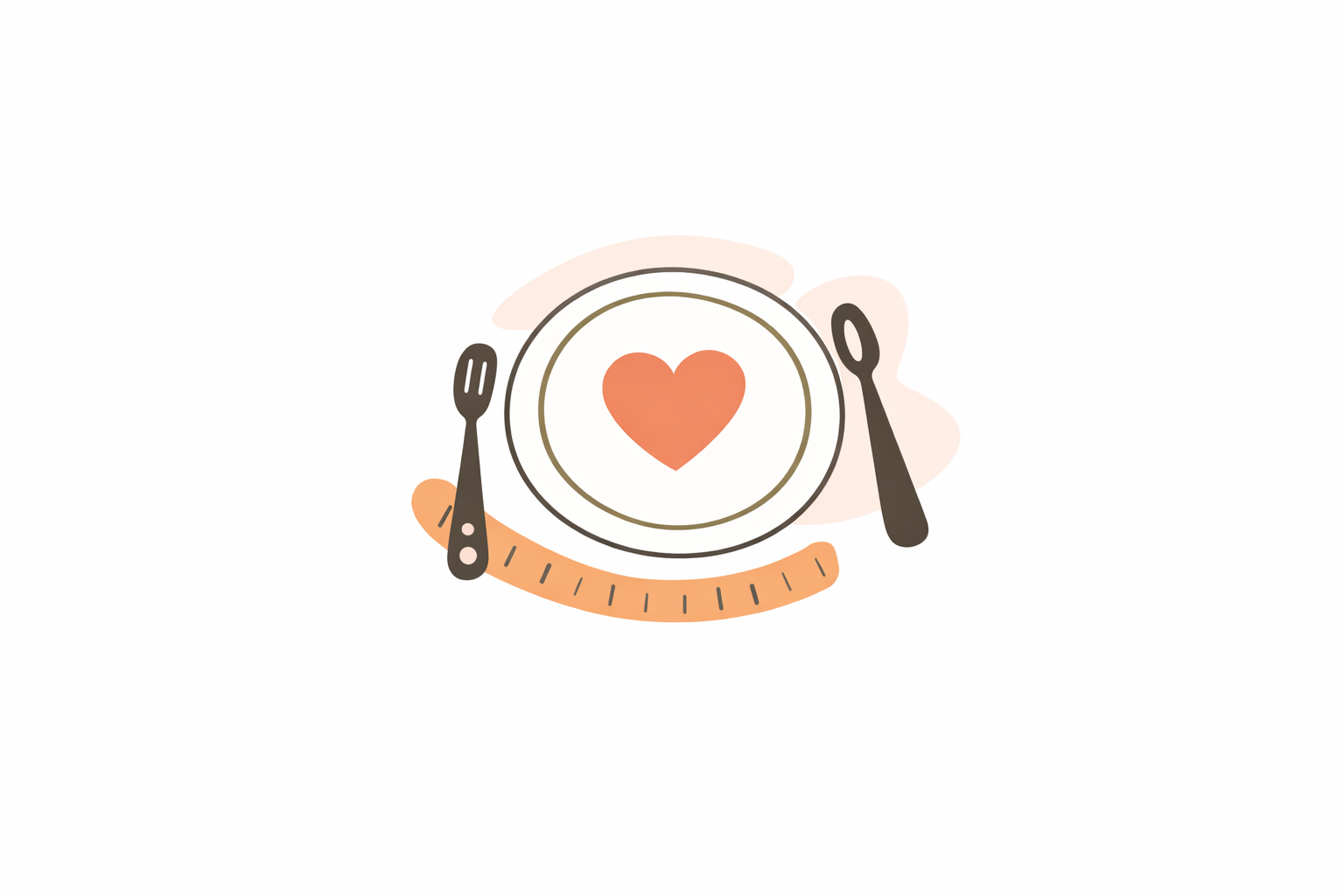 Illustration of a dining plate with a heart in the center, surrounded by a fork on the left, a knife on the right, and a curved measuring tape underneath.