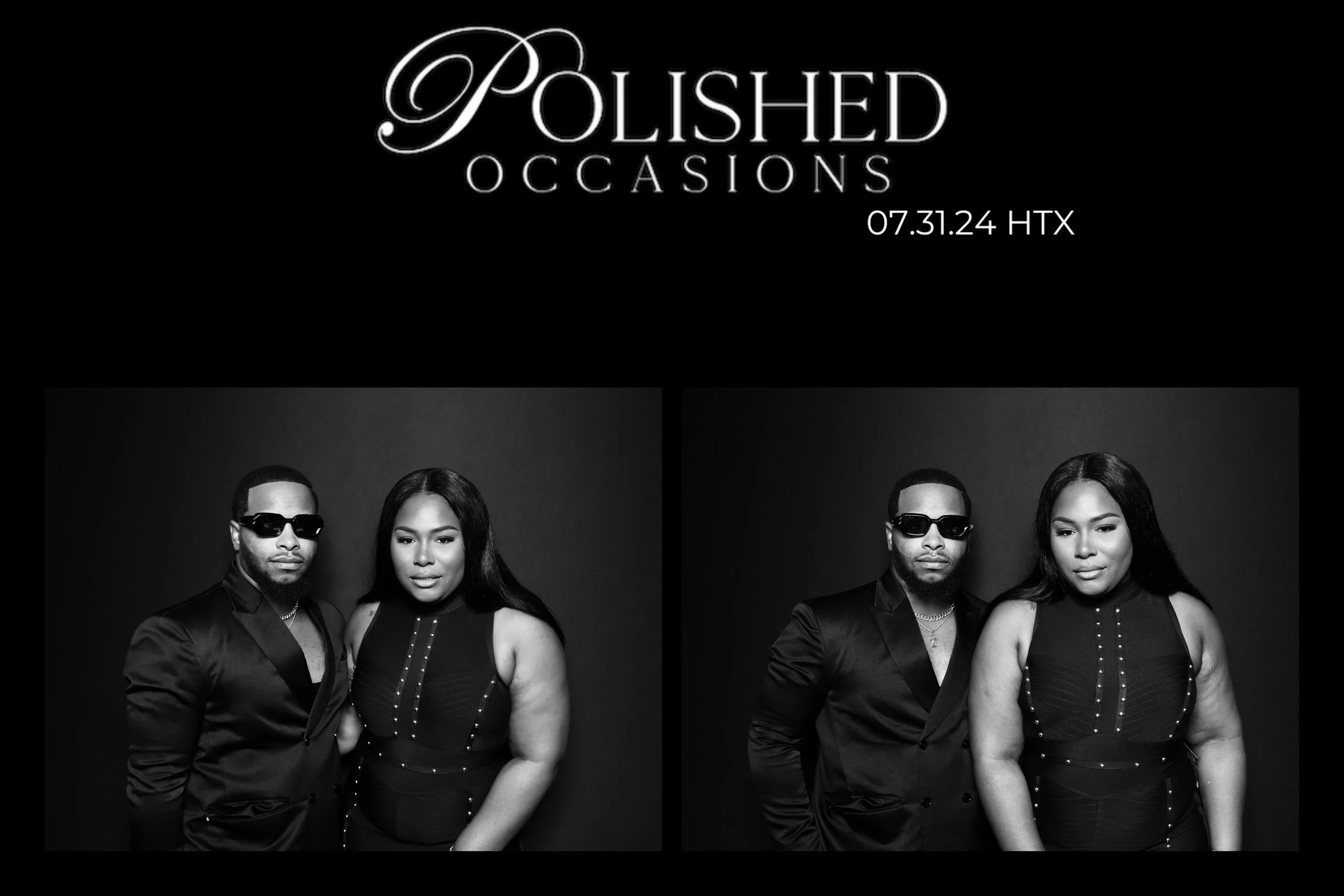 Black and white promotional image for Polished Occasions featuring a man and woman in stylish dark clothing. The man wears sunglasses and a blazer, and the woman wears a sleeveless dress. The event date is July 31, 2024.