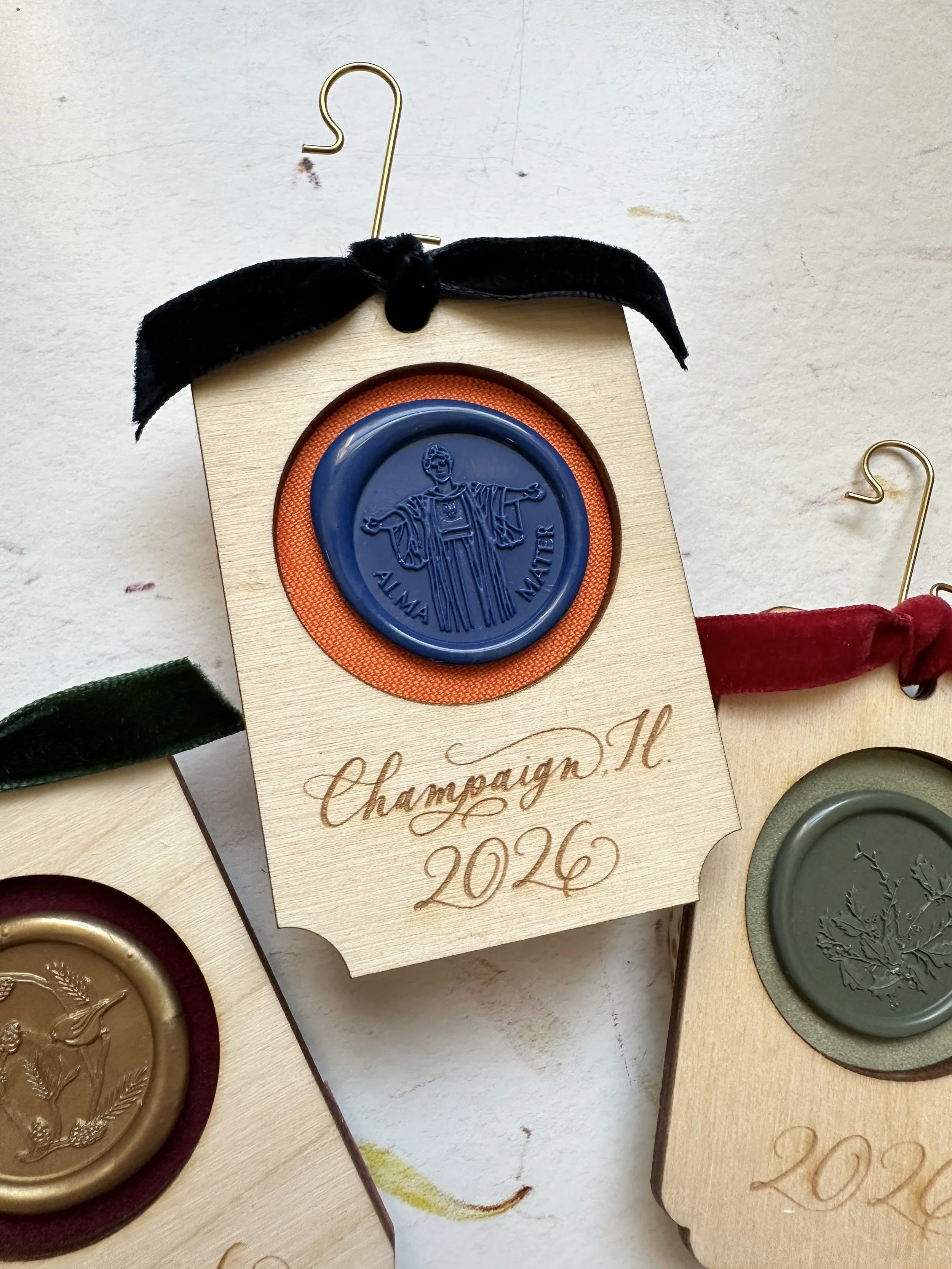 2026 handmade personalized ornament with with blue and orange university of Illinois alma mater wax seal