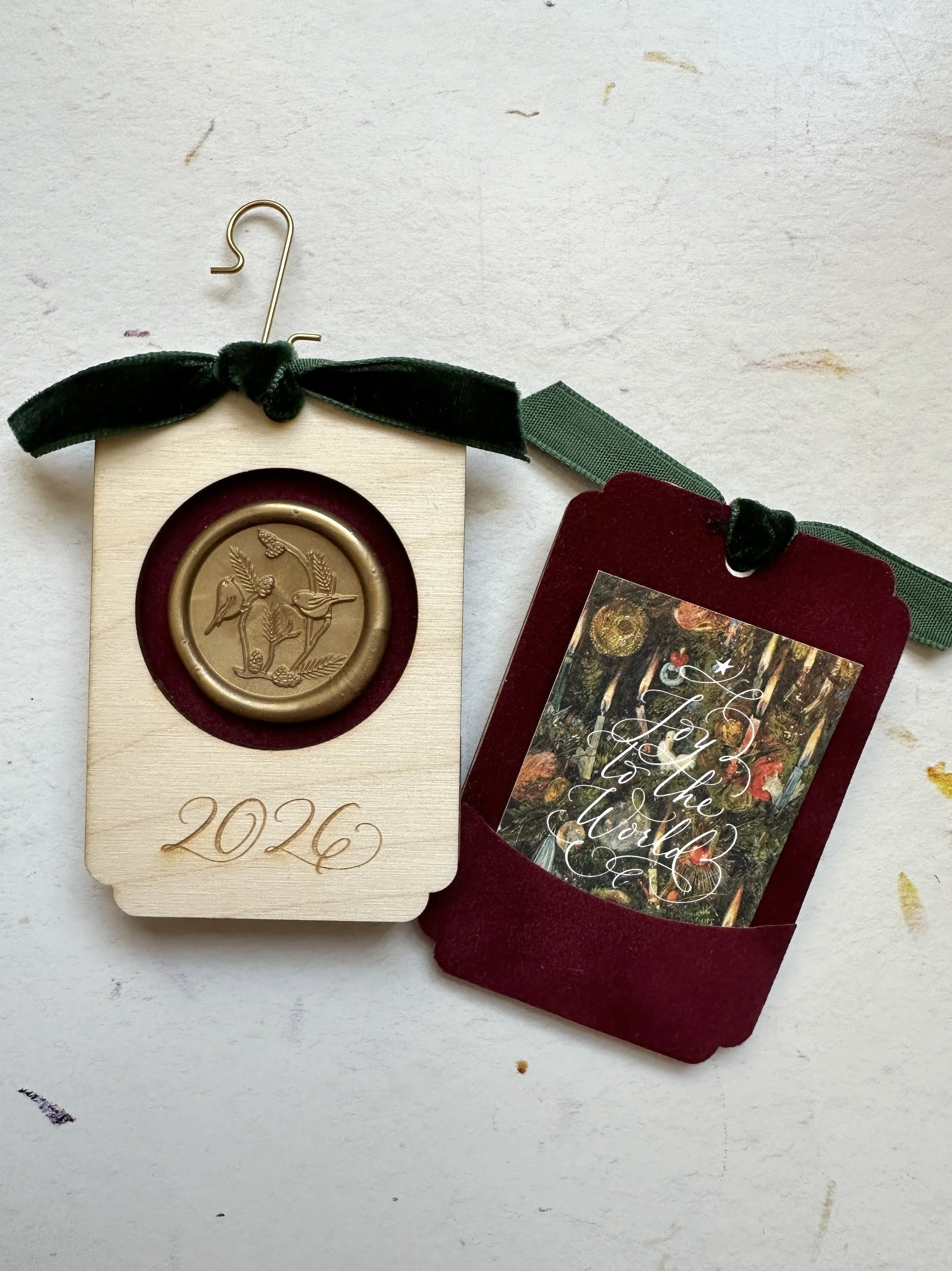 2026 handmade personalized ornament with gold bird wax seal and joy to the world art print