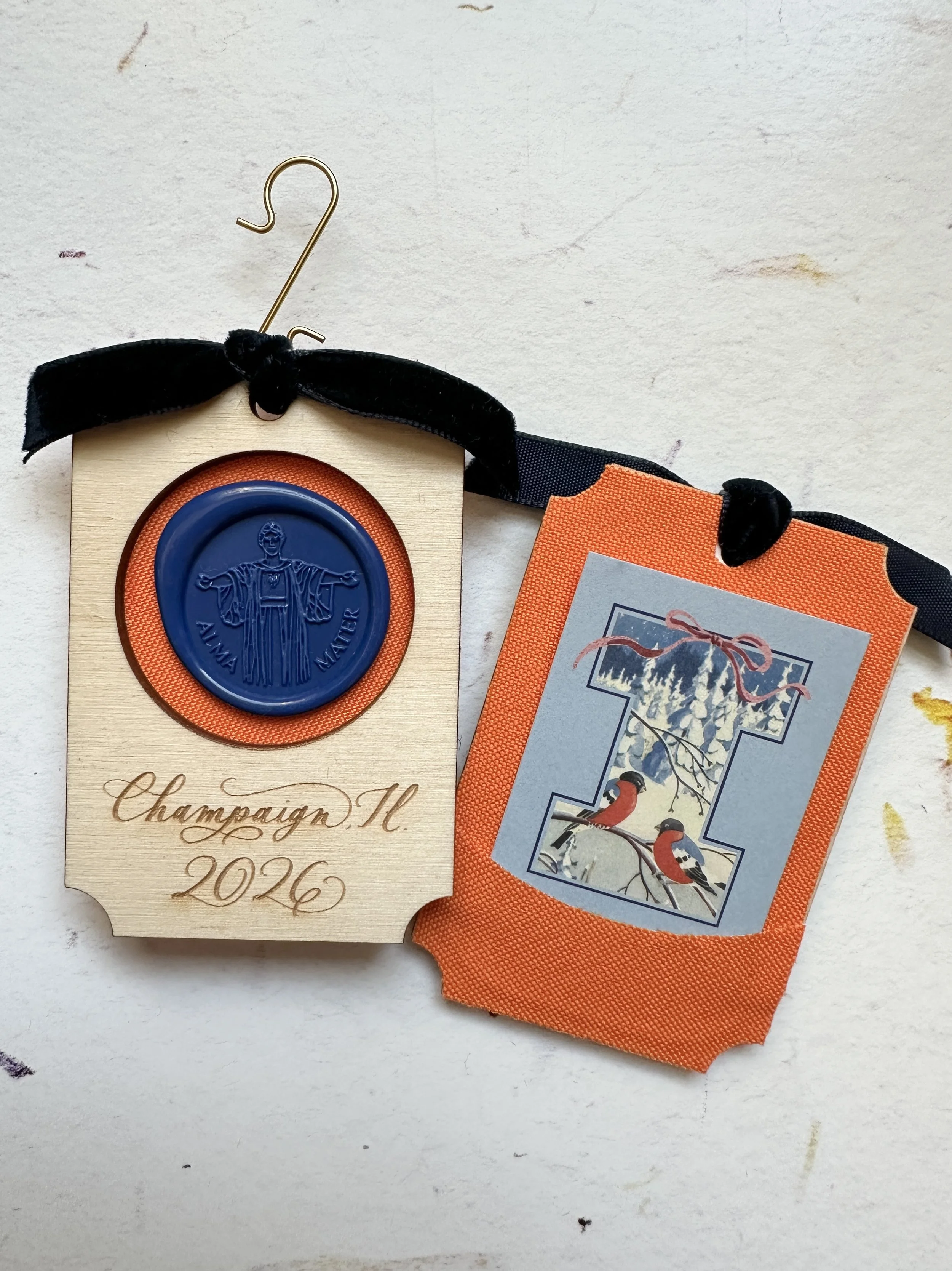 2026 handmade personalized ornament with blue and orange university of Illinois alma mater wax seal and "block I" art print