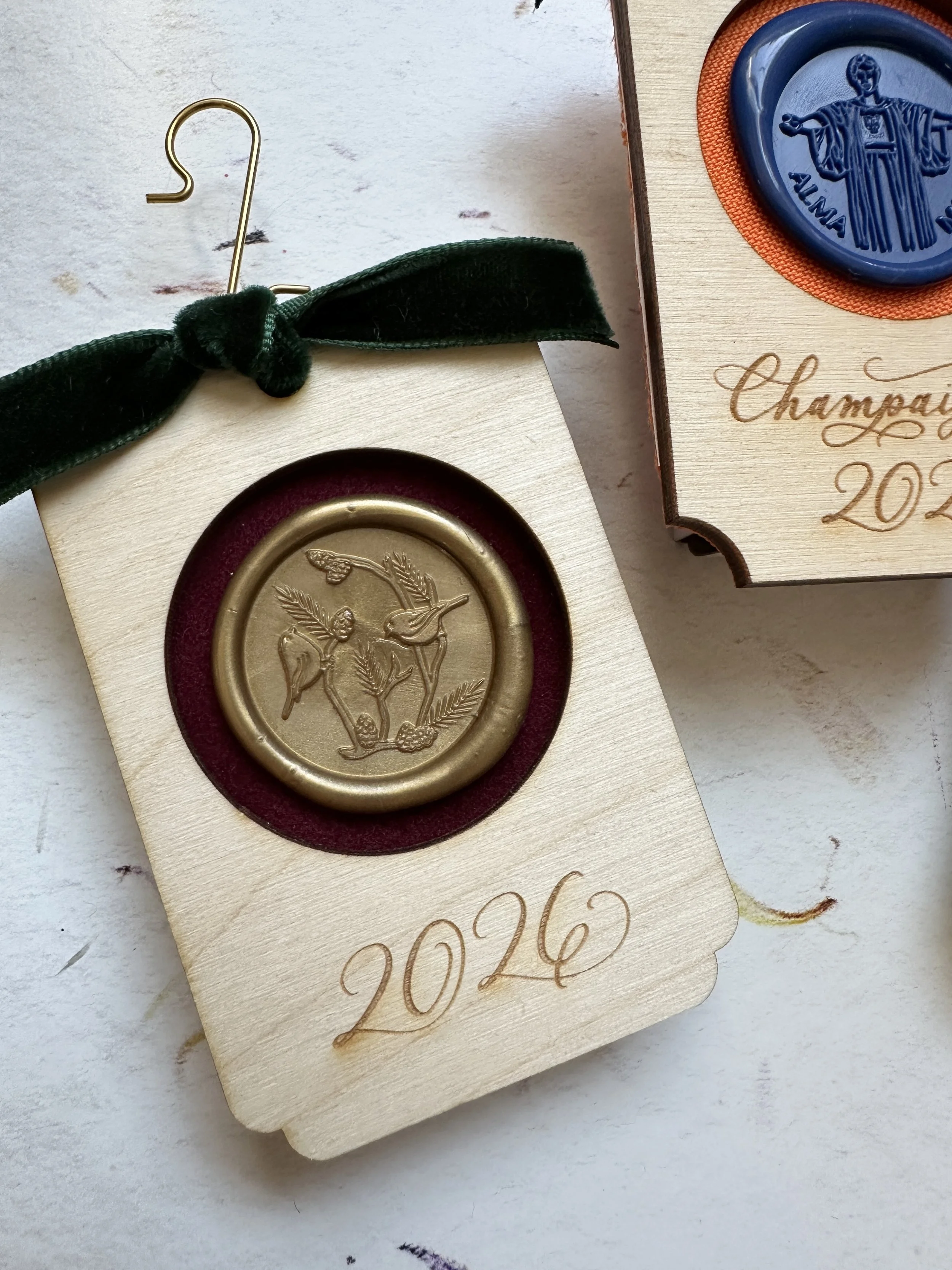 I2026 handmade personalized ornament with gold bird wax seal