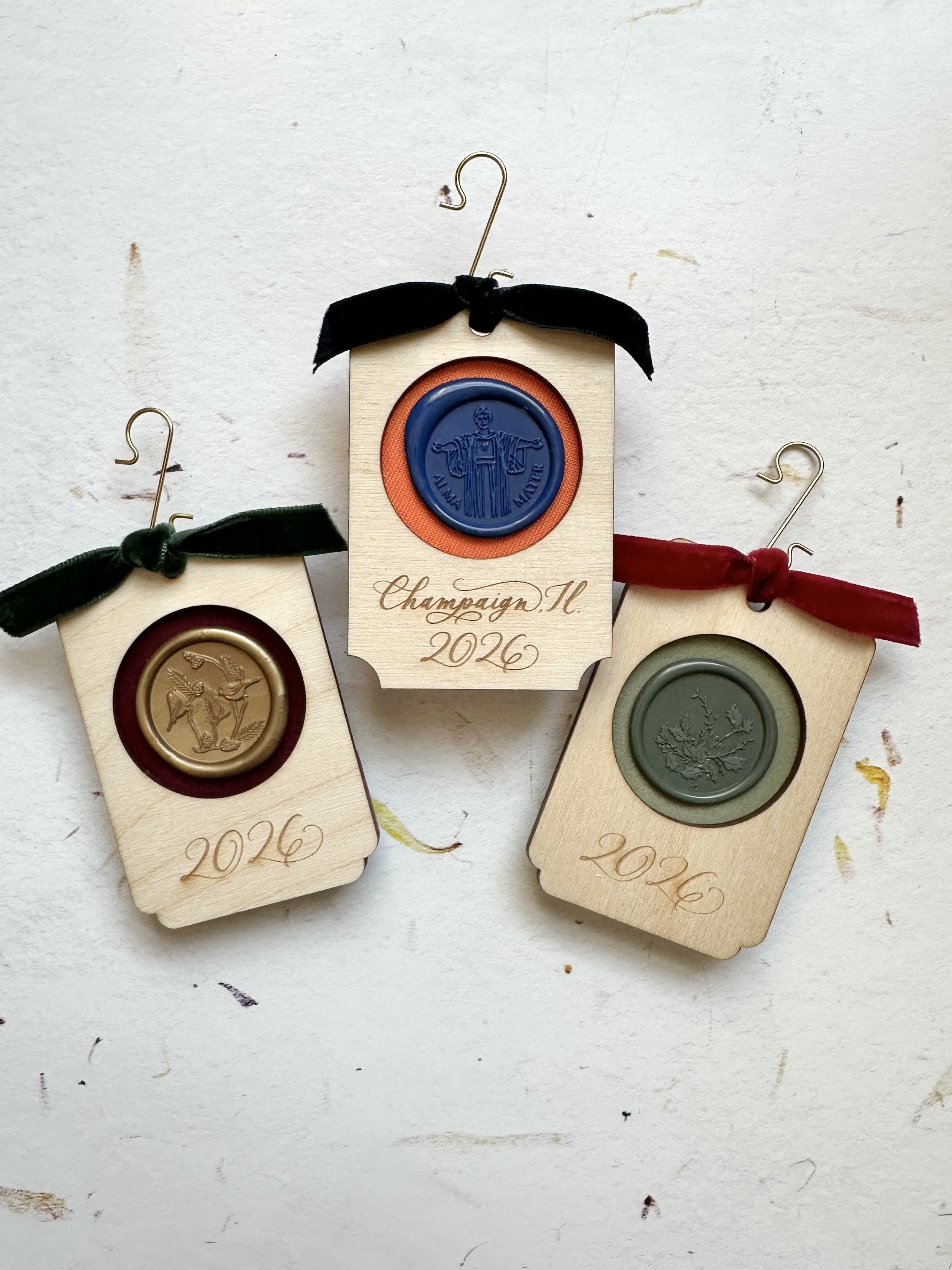 2026 handmade personalized ornament with with blue and orange university of Illinois alma mater wax seal