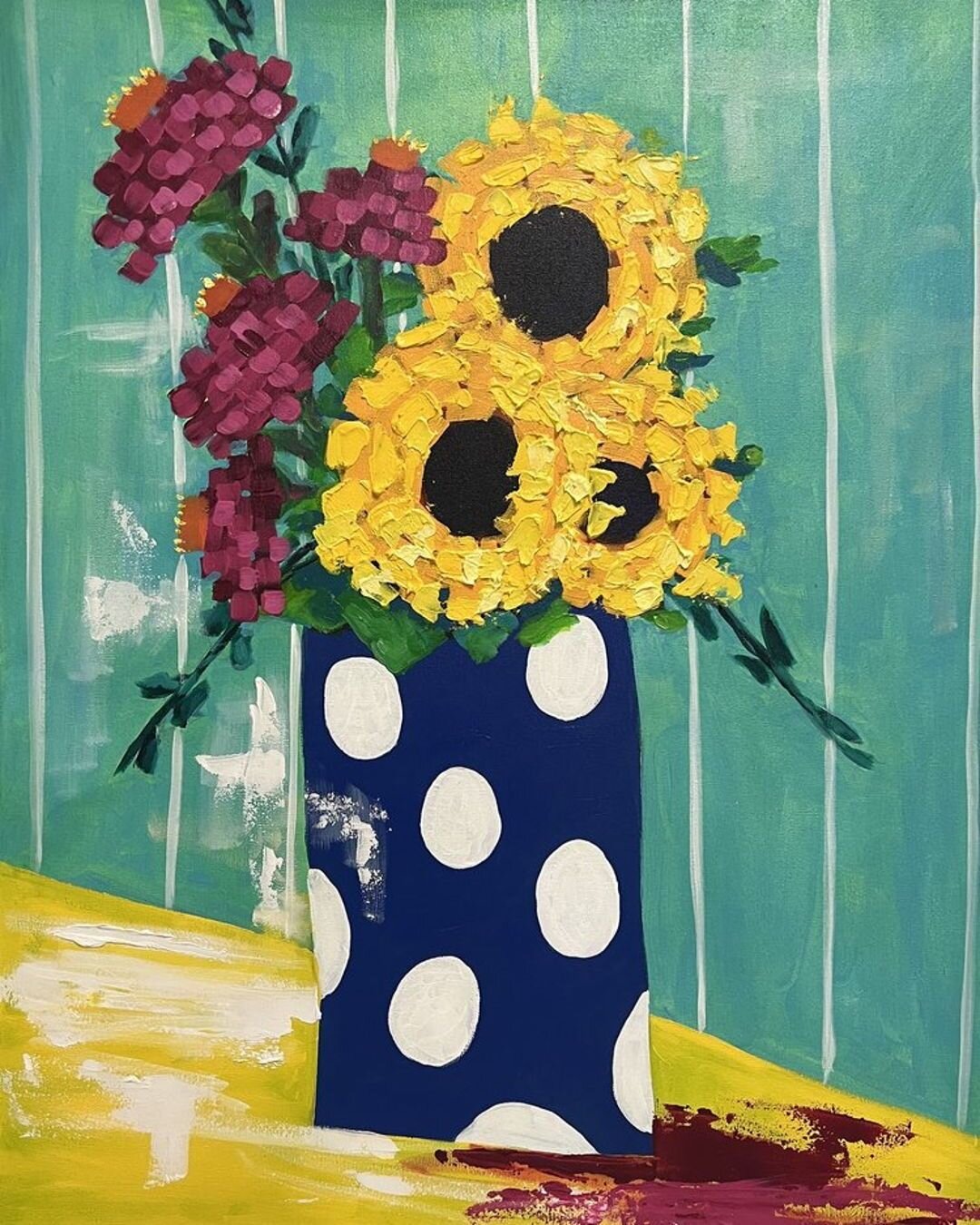 I &quot;Promise&quot; you'll love this painting even more in person! 🤩 Acrylic painting of flowers in blue polka dotted vase. 30 x 40.&rdquo; Shipping and tax included.